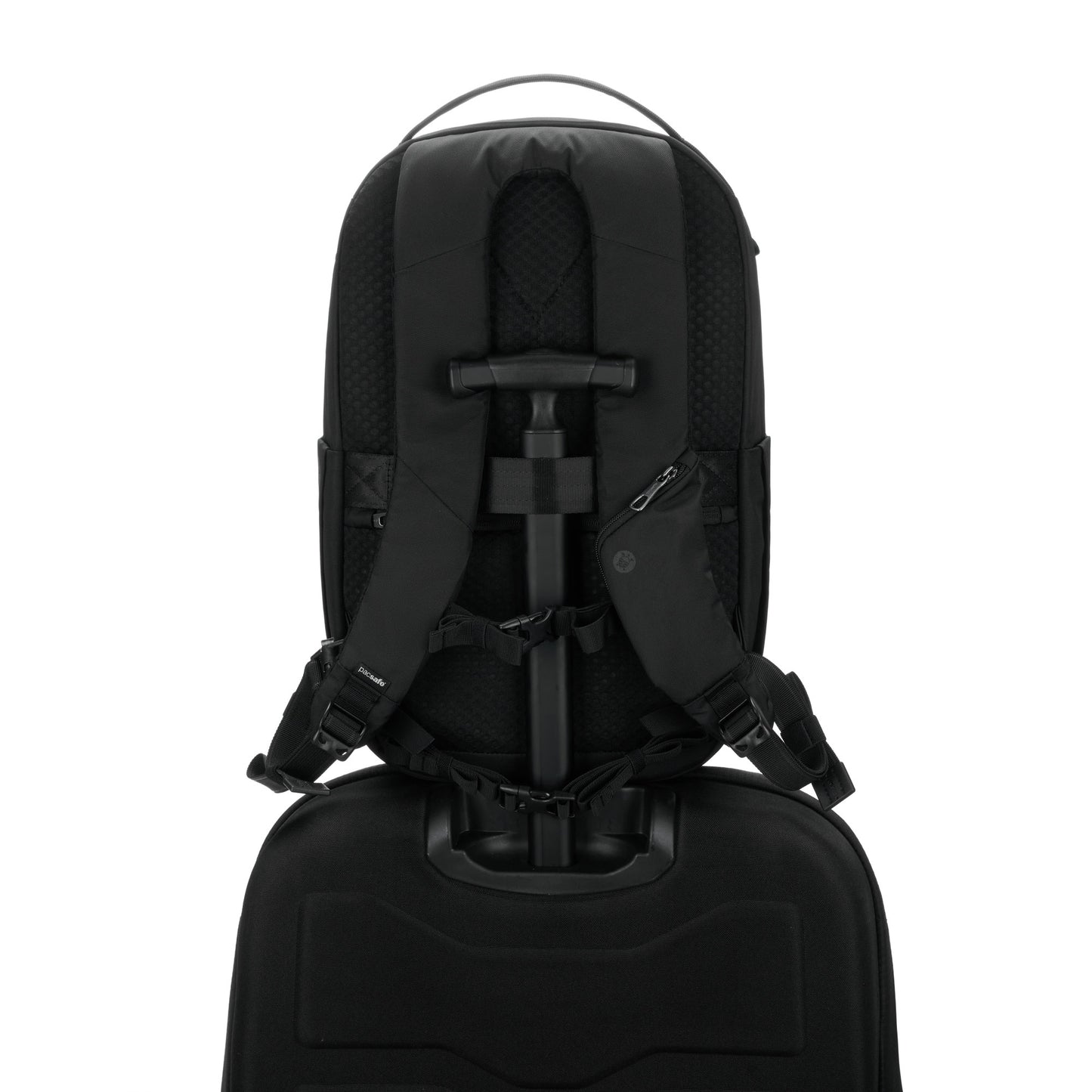 Pacsafe® V 26L Anti-theft Tour Backpack, made from recycled polyester, hangs perfectly on luggage for travel needs.