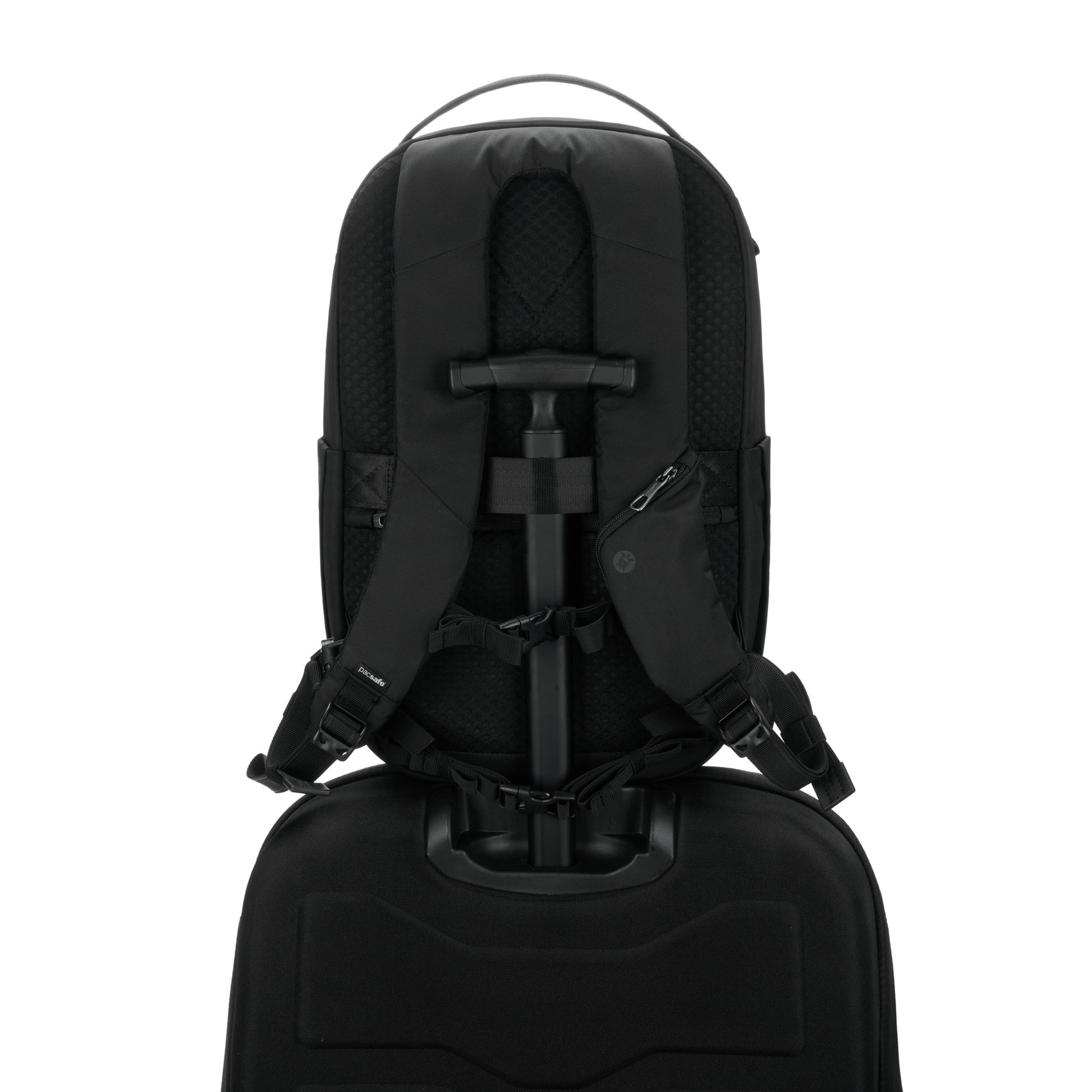 Pacsafe® V 26L Anti-theft Tour Backpack, made from recycled polyester, hangs perfectly on luggage for travel needs.