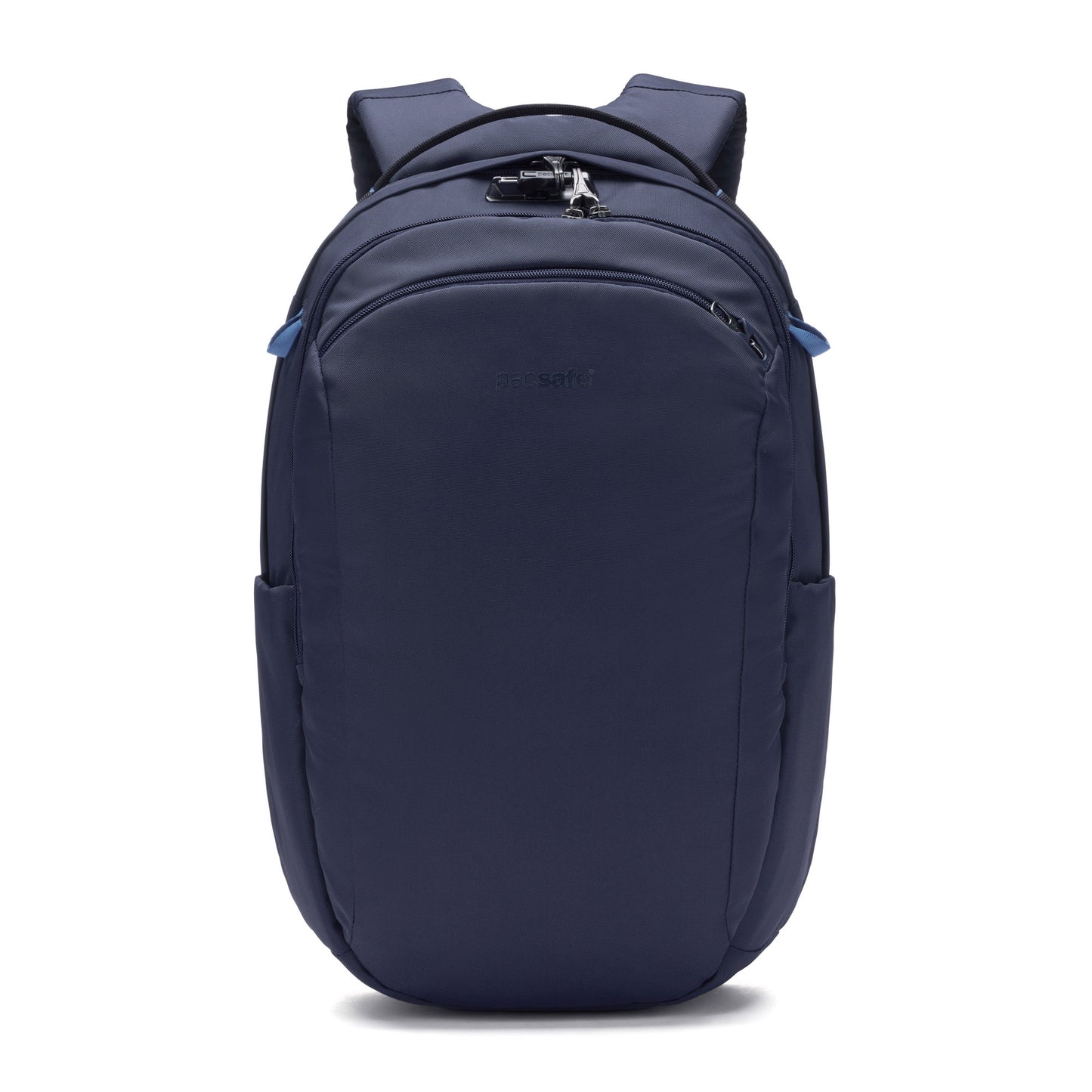 Pacsafe® V 26L Anti-theft Tour Backpack in ocean blue, made from recycled polyester with multiple compartments and padded straps.