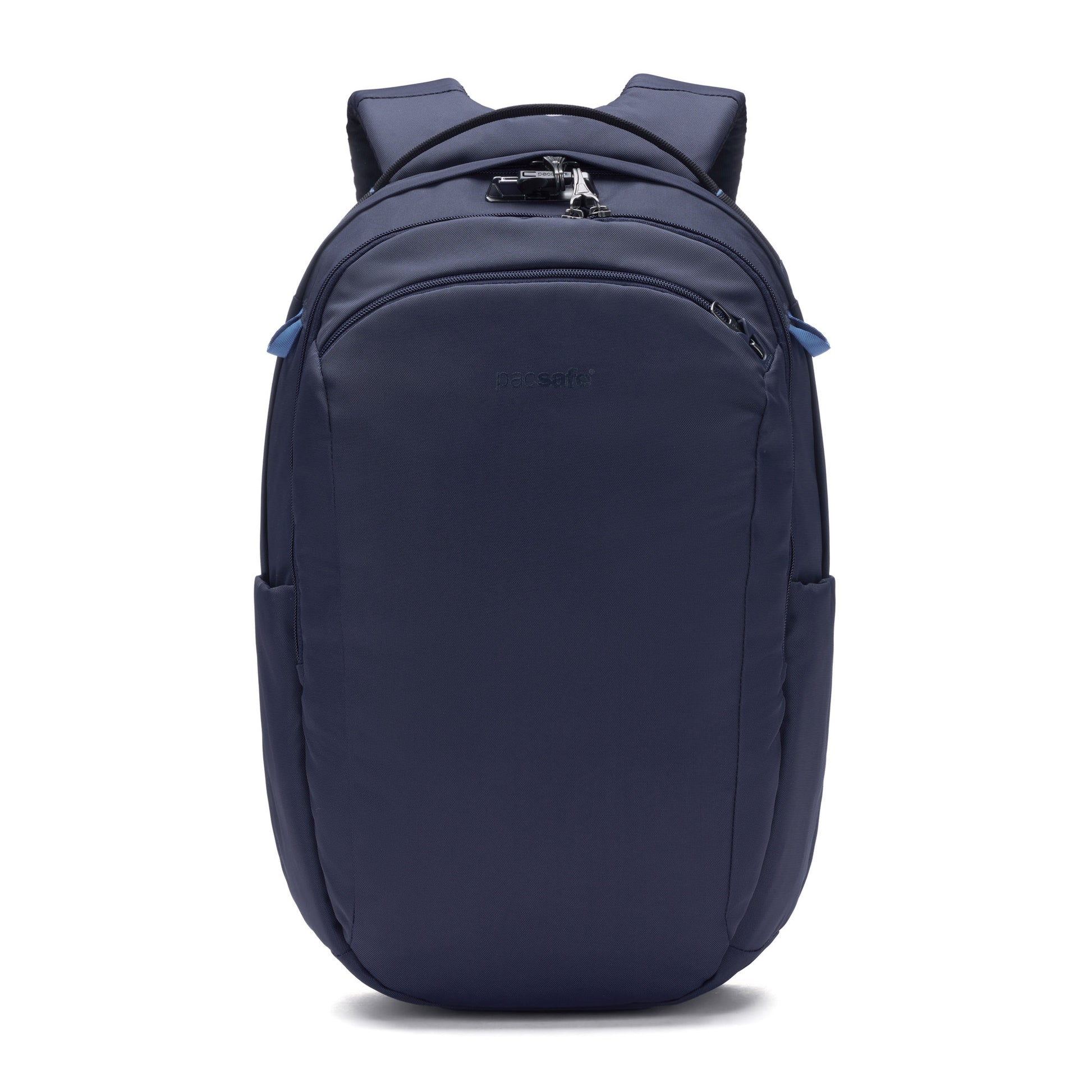 Pacsafe® V 26L Anti-theft Tour Backpack in ocean blue, made from recycled polyester with multiple compartments and padded straps.