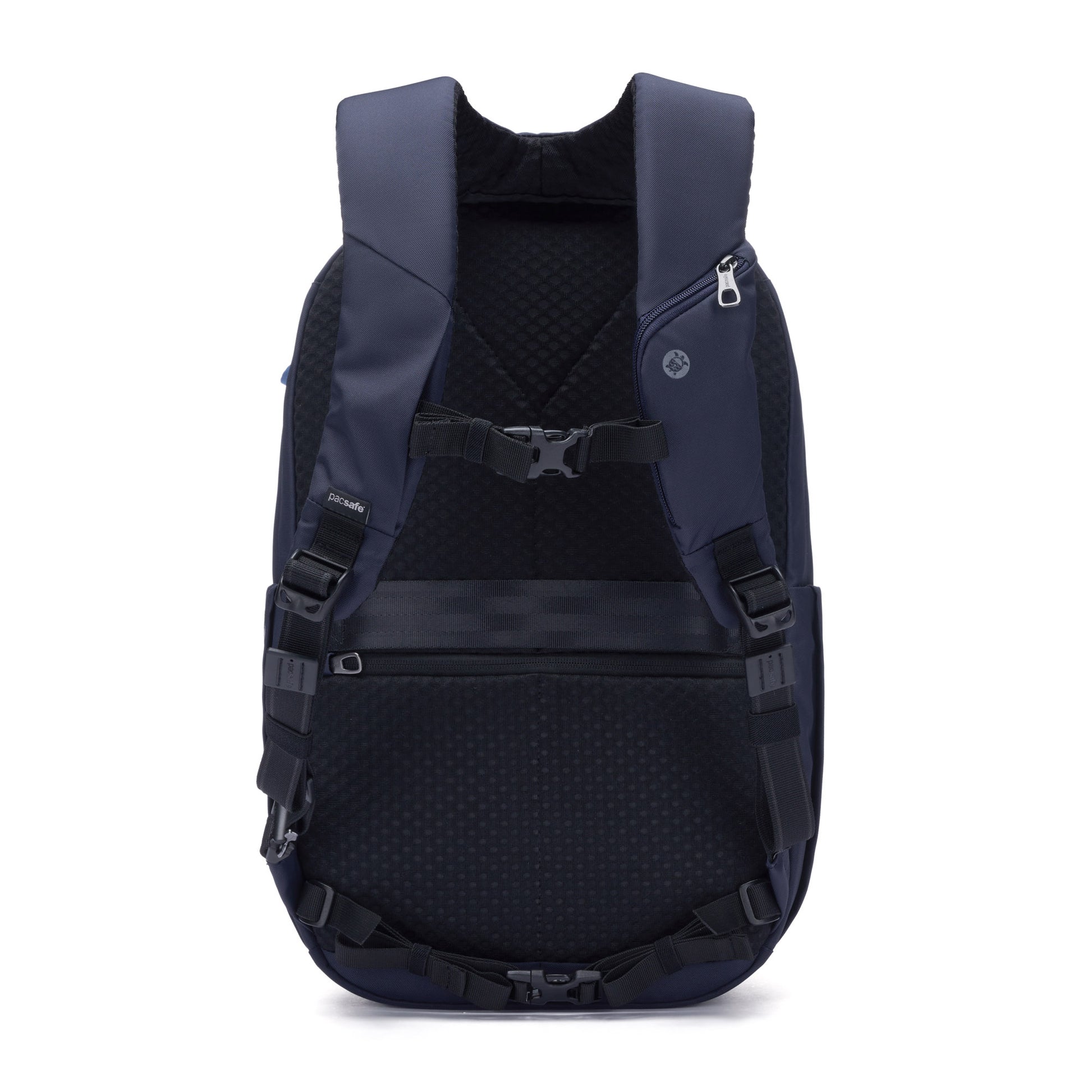 The Pacsafe® V 26L anti-theft backpack, shown from the back, features adjustable straps and clips.