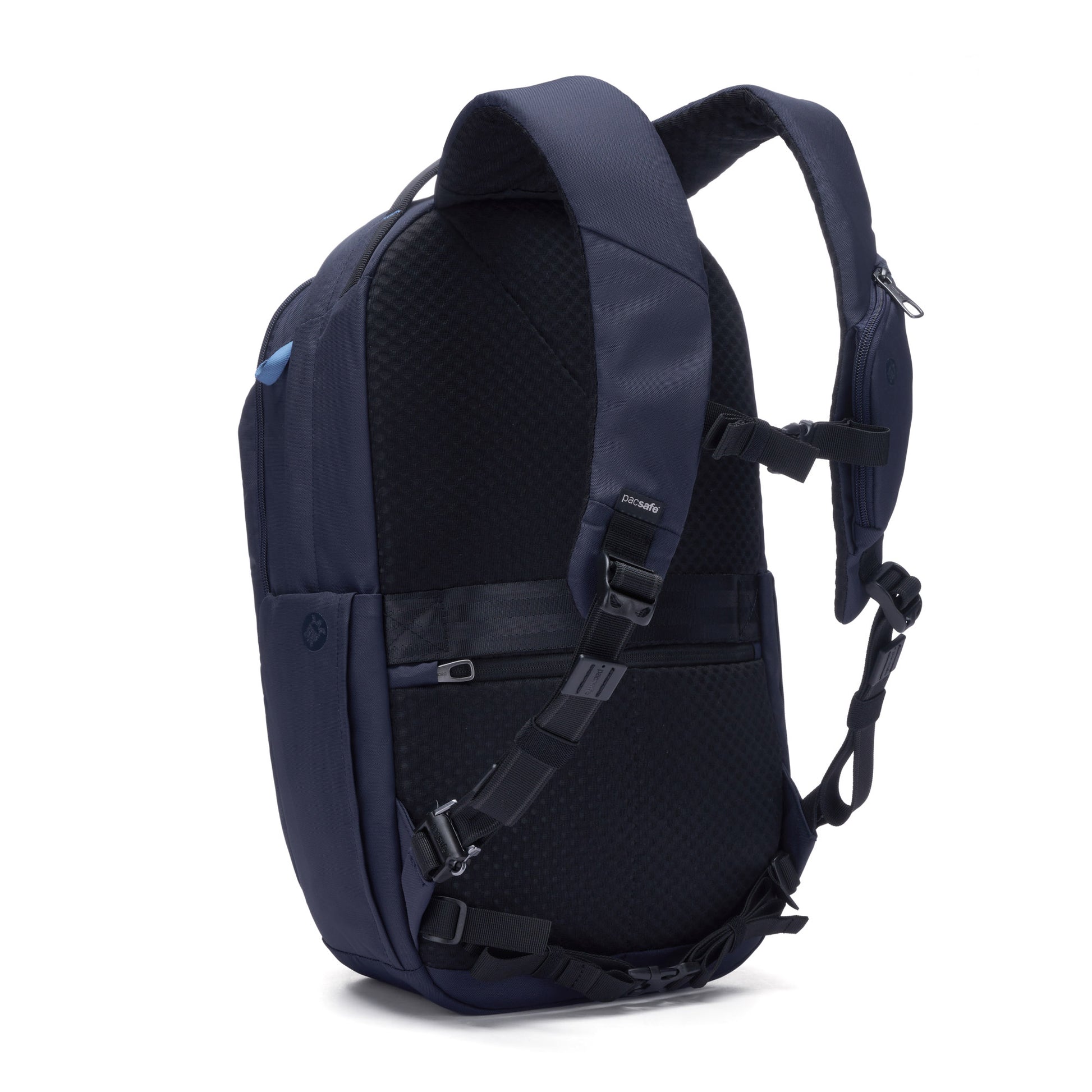 Pacsafe® V 26L Anti-theft Tour Backpack in ocean blue and black with padded straps, recycled polyester, multi compartments.