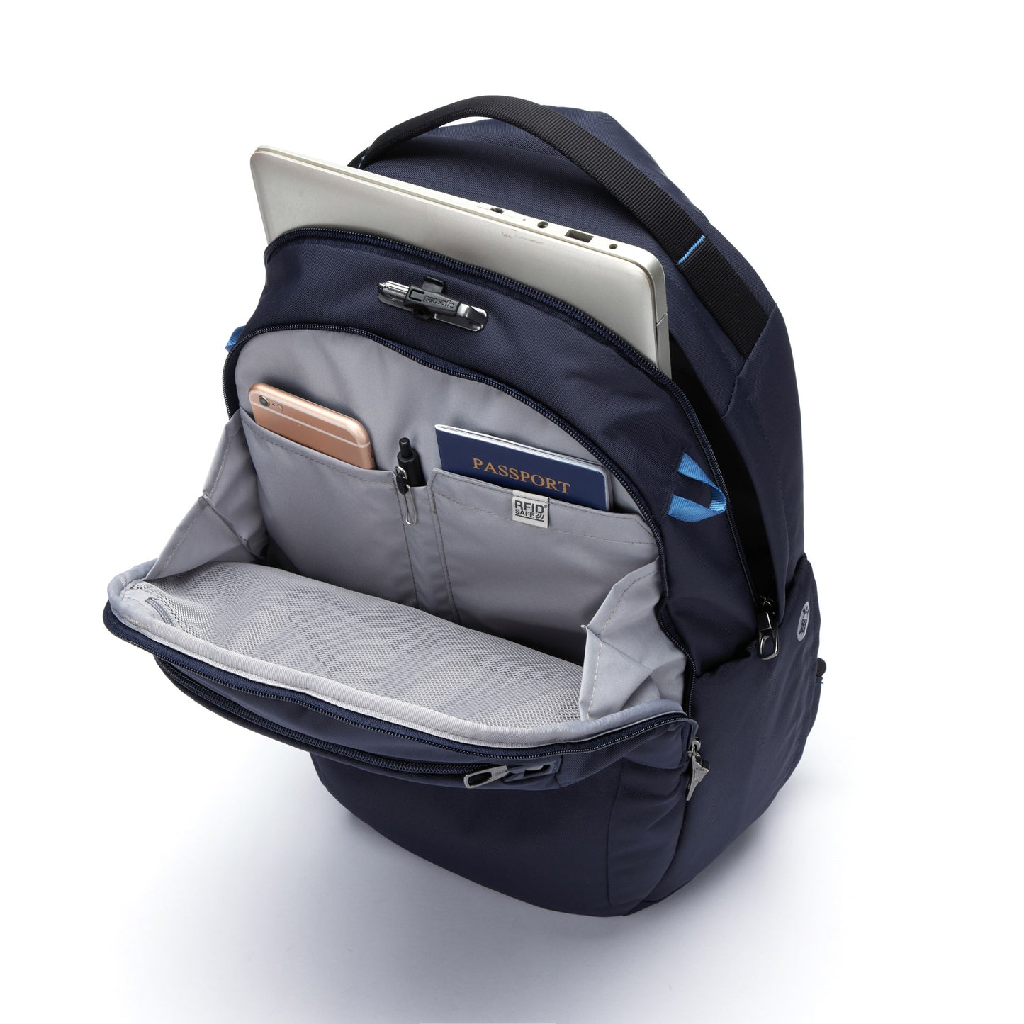 Open view of Pacsafe® V 26L Anti-theft Tour Backpack in ocean reveals a laptop, smartphone, passport, and gray compartments.