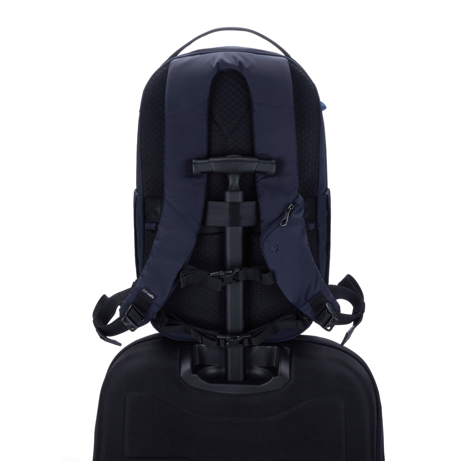 Pacsafe® V 26L Anti-theft Tour Backpack in recycled polyester, strapped to suitcase handle, seen from the rear.