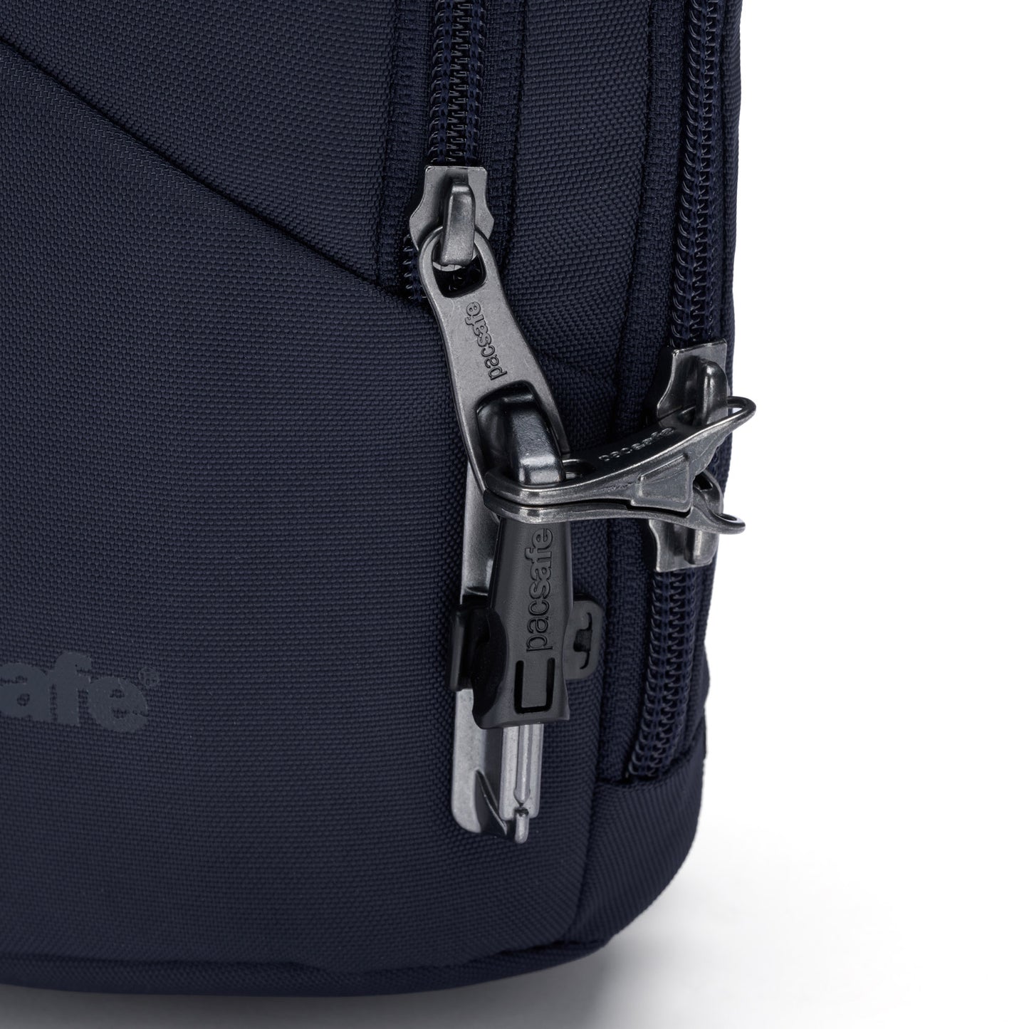 Close up of lockable zipper pulls on ocean Pacsafe® V Anti-theft Action Sling Pack