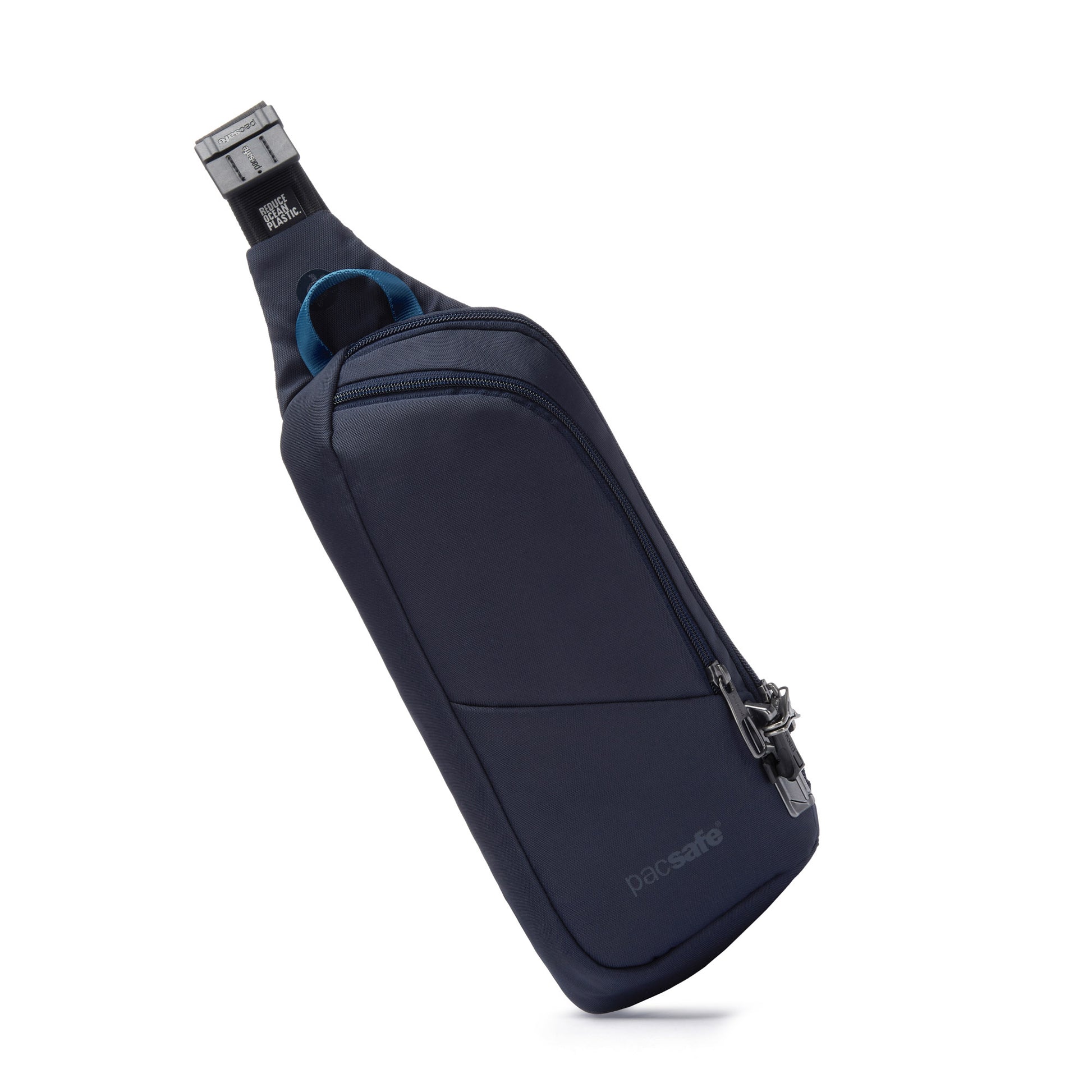 Pacsafe® V Anti-theft Action Sling Pack in ocean blue with water repellency, lockable zipper, and adjustable strap.