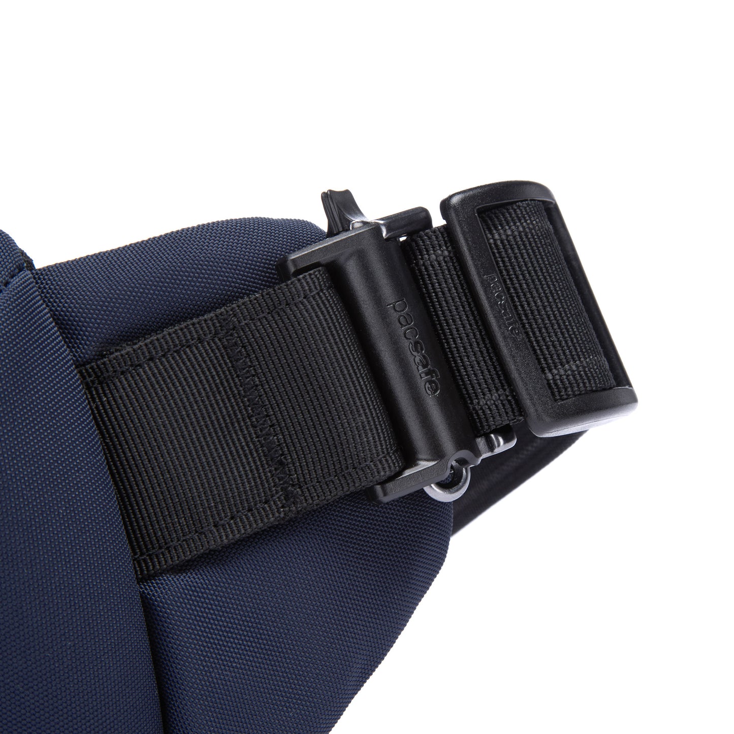 Close up of adjustable belt buckle on the Pacsafe® V Anti-theft Action Sling Pack