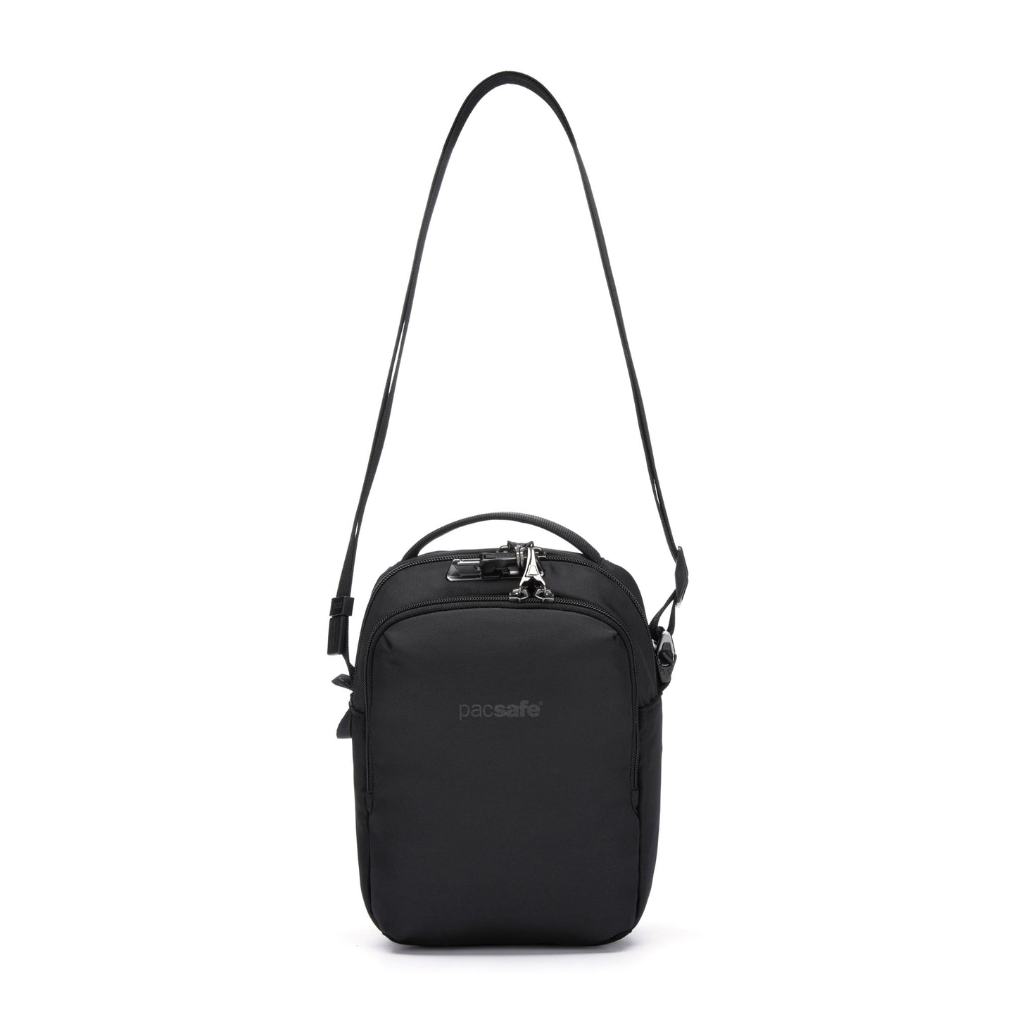 Pacsafe® V Anti-theft Companion Crossbody by Pacsafe: black, long adjustable strap, top handle, secure zipper.