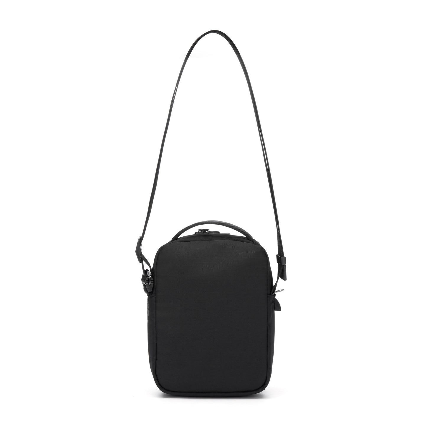 The Pacsafe® V Anti-theft Companion Crossbody is a water-repellent black bag with an adjustable strap.