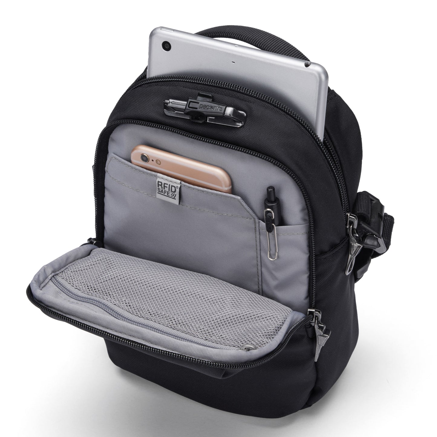 Pacsafe® V Anti-theft Companion Crossbody: Black, open front pocket for a tablet & smartphone; recycled polyester.