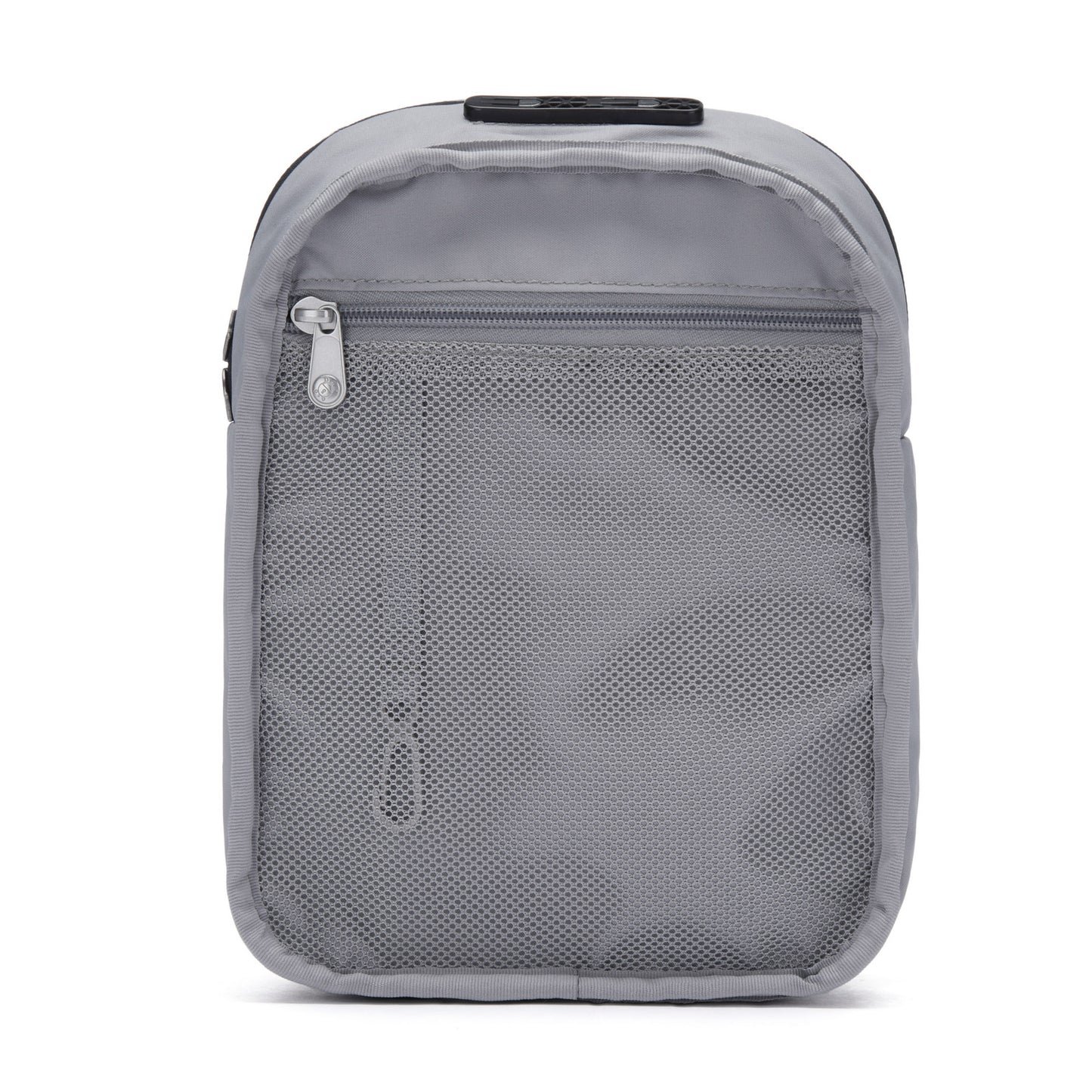 Inside view of Pacsafe V Anti-theft Crossbody with grey mesh zippered pocket.