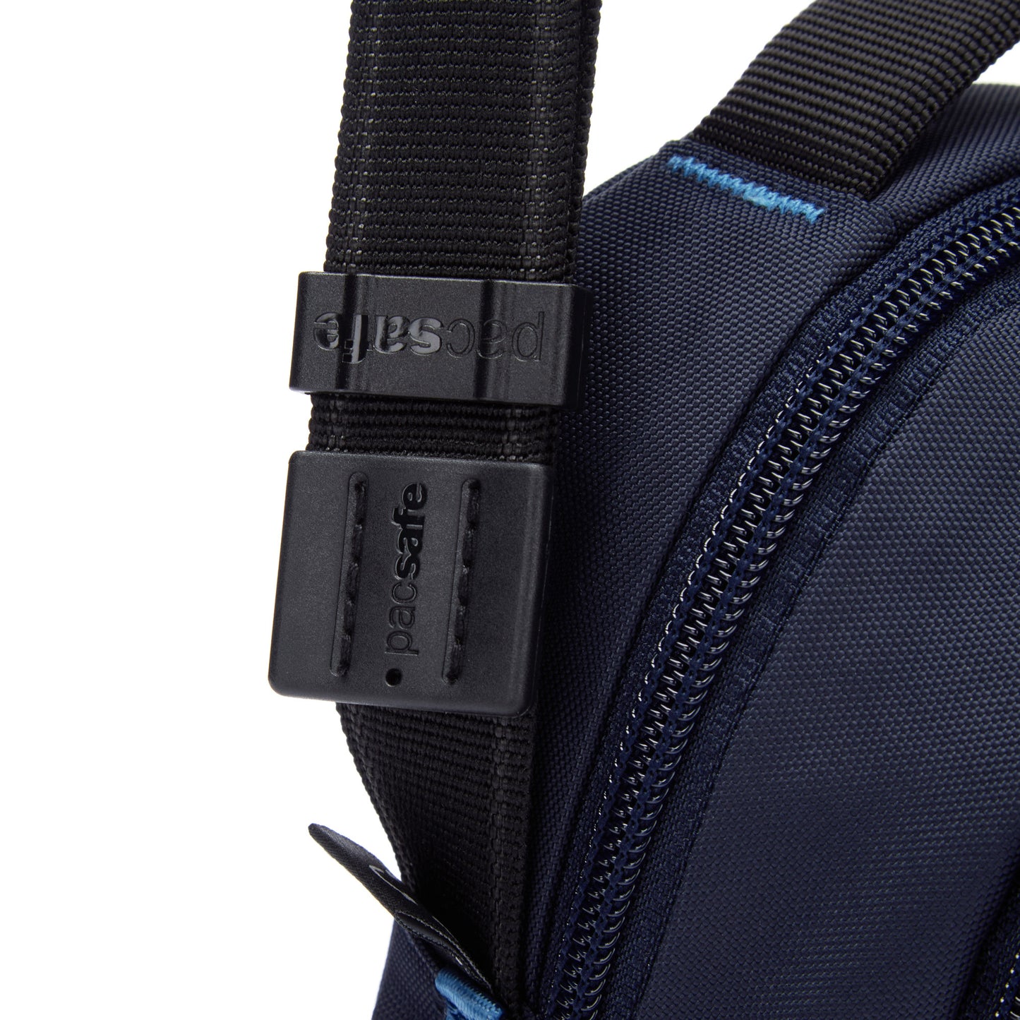 Close-up of the Pacsafe® V ocean anti-theft crossbody bag with black strap, featuring the Pacsafe logo on its buckle.
