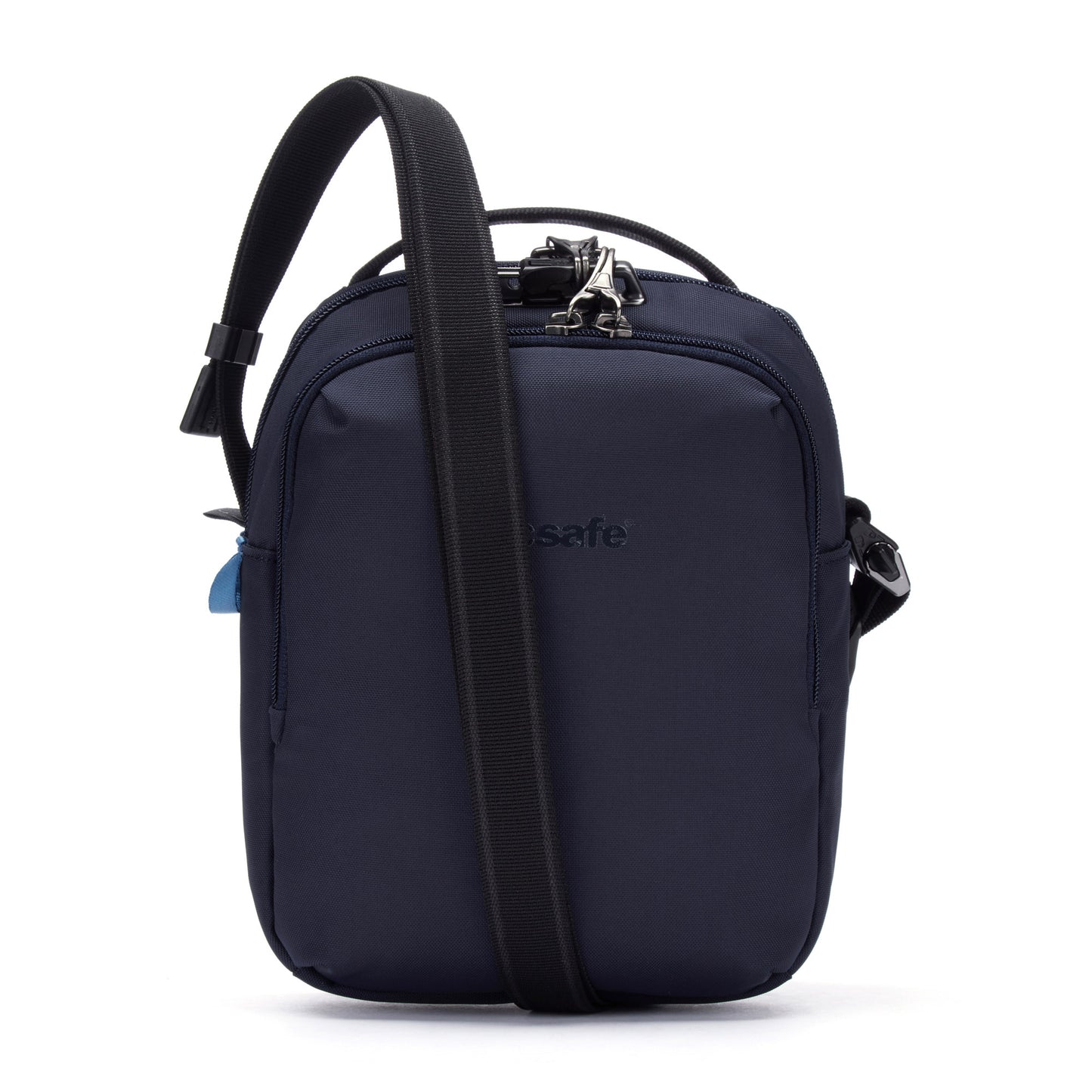 The Pacsafe® V Anti-theft Companion Crossbody: Ocean blue, black strap, zipper closure.