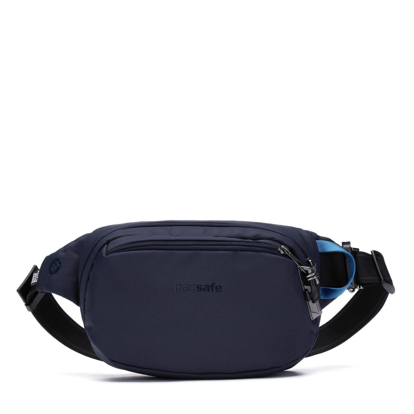 Pacsafe® V anti-theft hip pack in ocean blue with front zipper, black strap, and logo, made from recycled polyester.