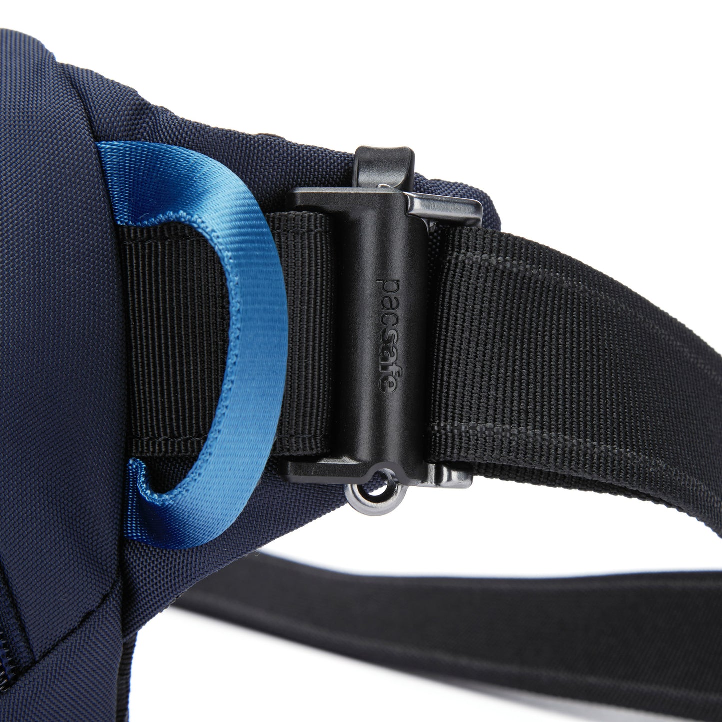 Close up of adjustable side buckle on the Pacsafe® V anti-theft hip pack in ocean blue.
