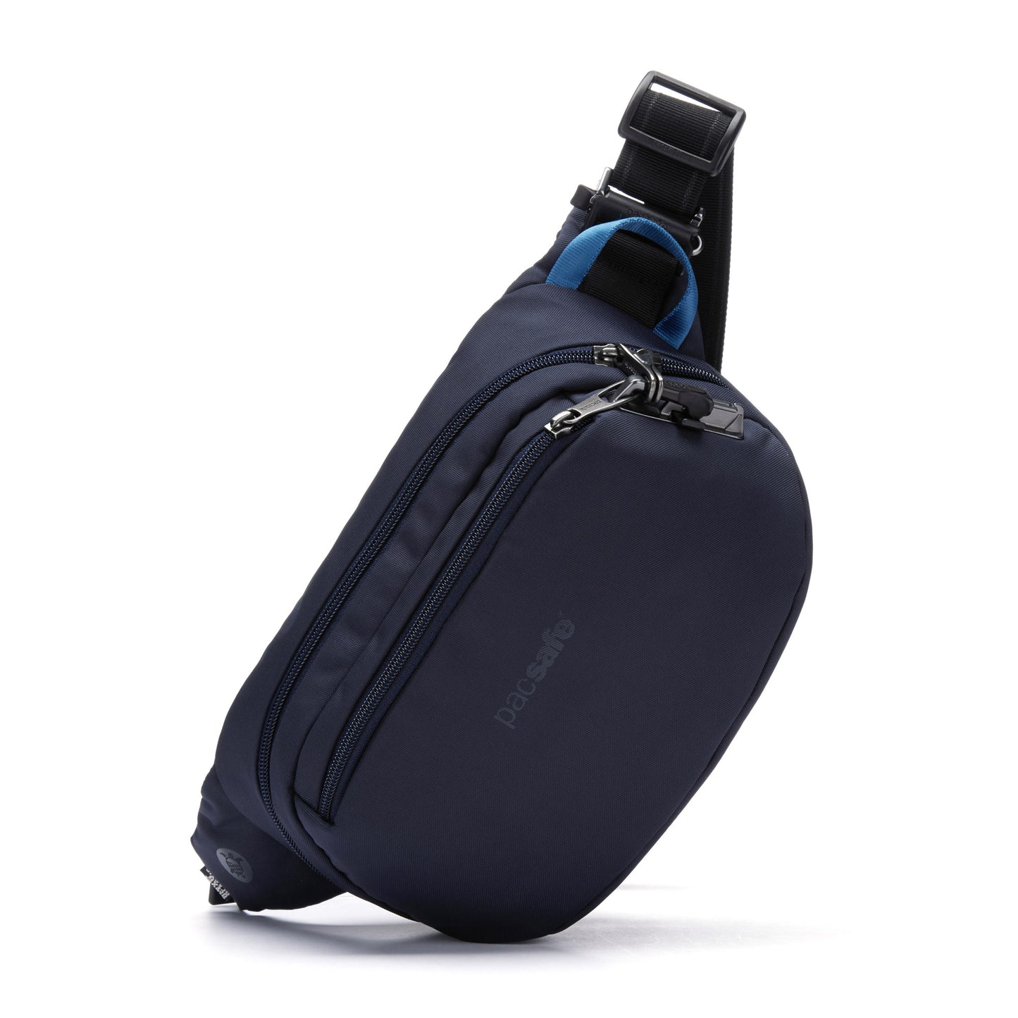 Pacsafe® V anti-theft hip pack in ocean blue with front zipper, black strap, and logo, made from recycled polyester.