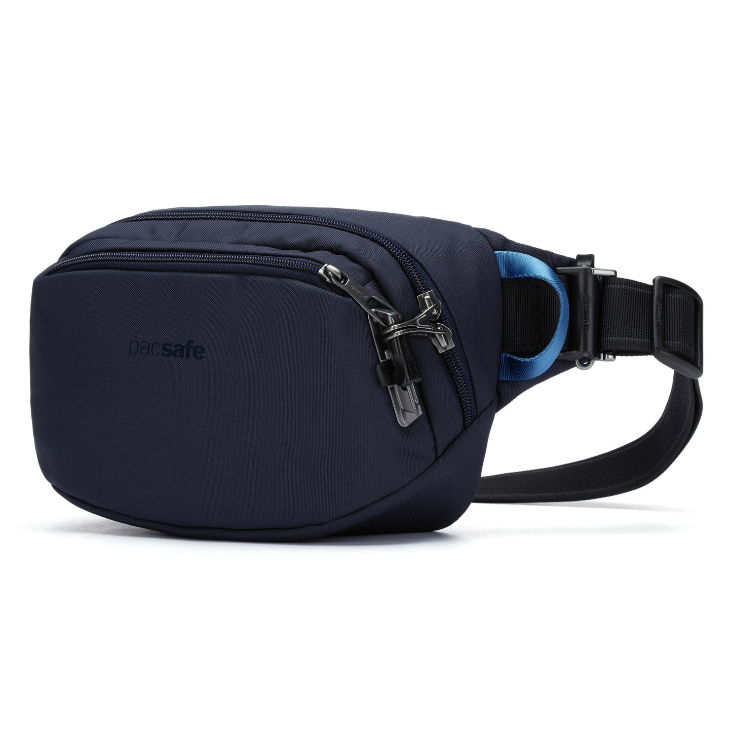 Pacsafe® V anti-theft hip pack in ocean blue with front zipper, black strap, and logo, made from recycled polyester.