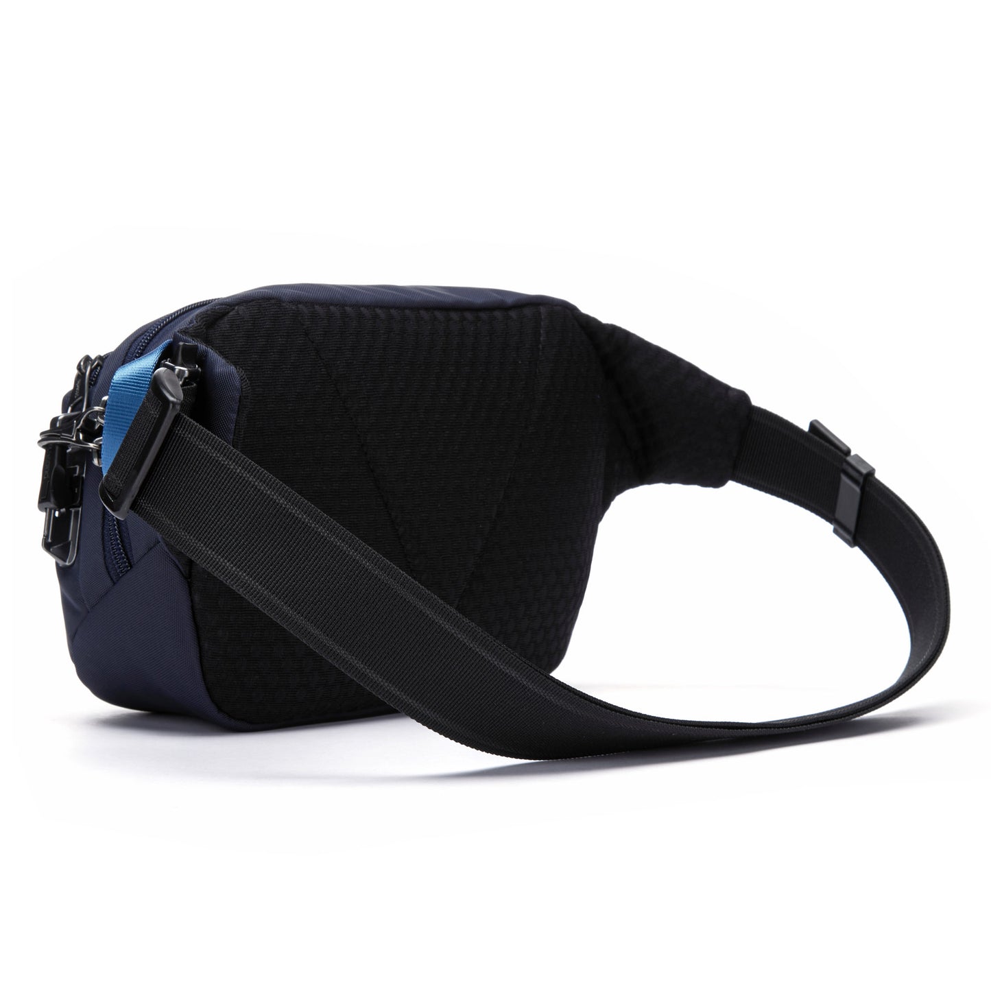 Pacsafe® V anti-theft hip pack in ocean blue with front zipper, black strap, and logo, made from recycled polyester side back view.