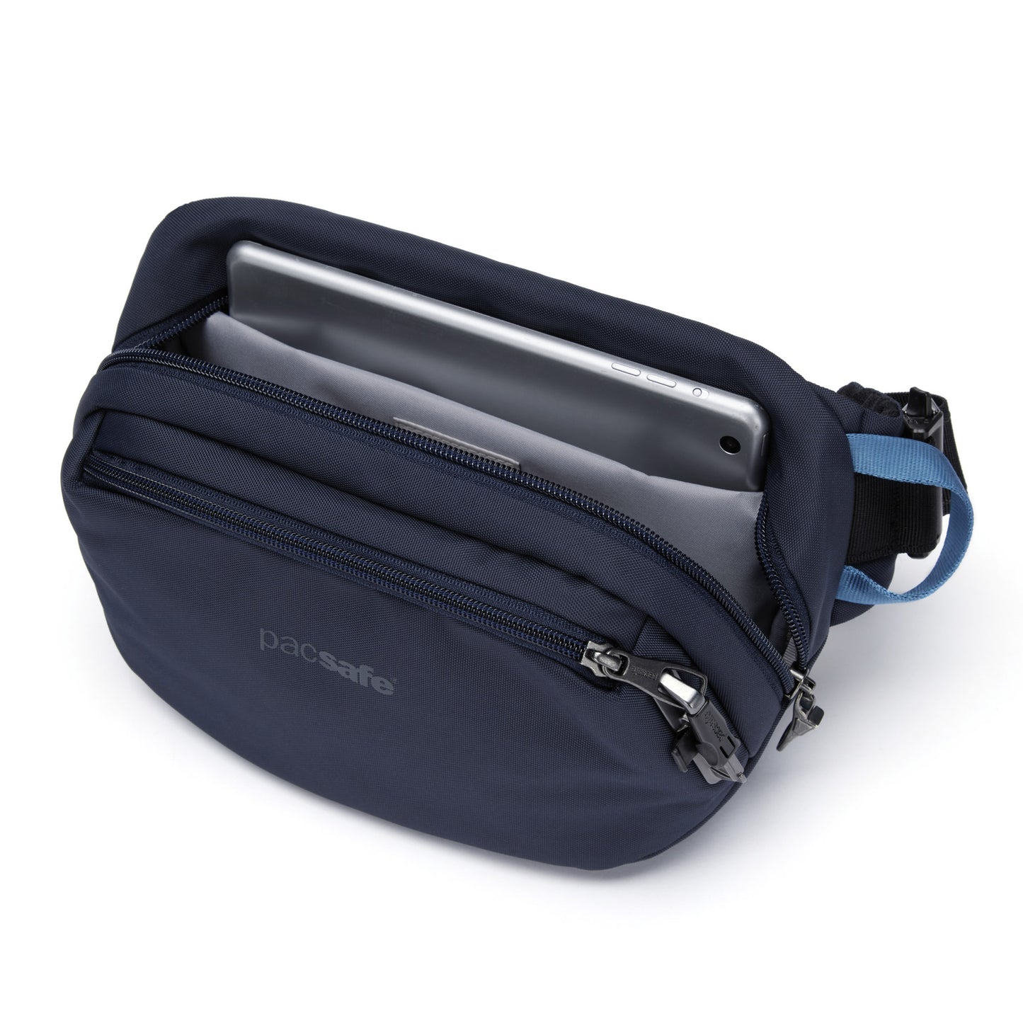 Top open view of Pacsafe® V anti-theft hip pack in ocean blue with phone inside.