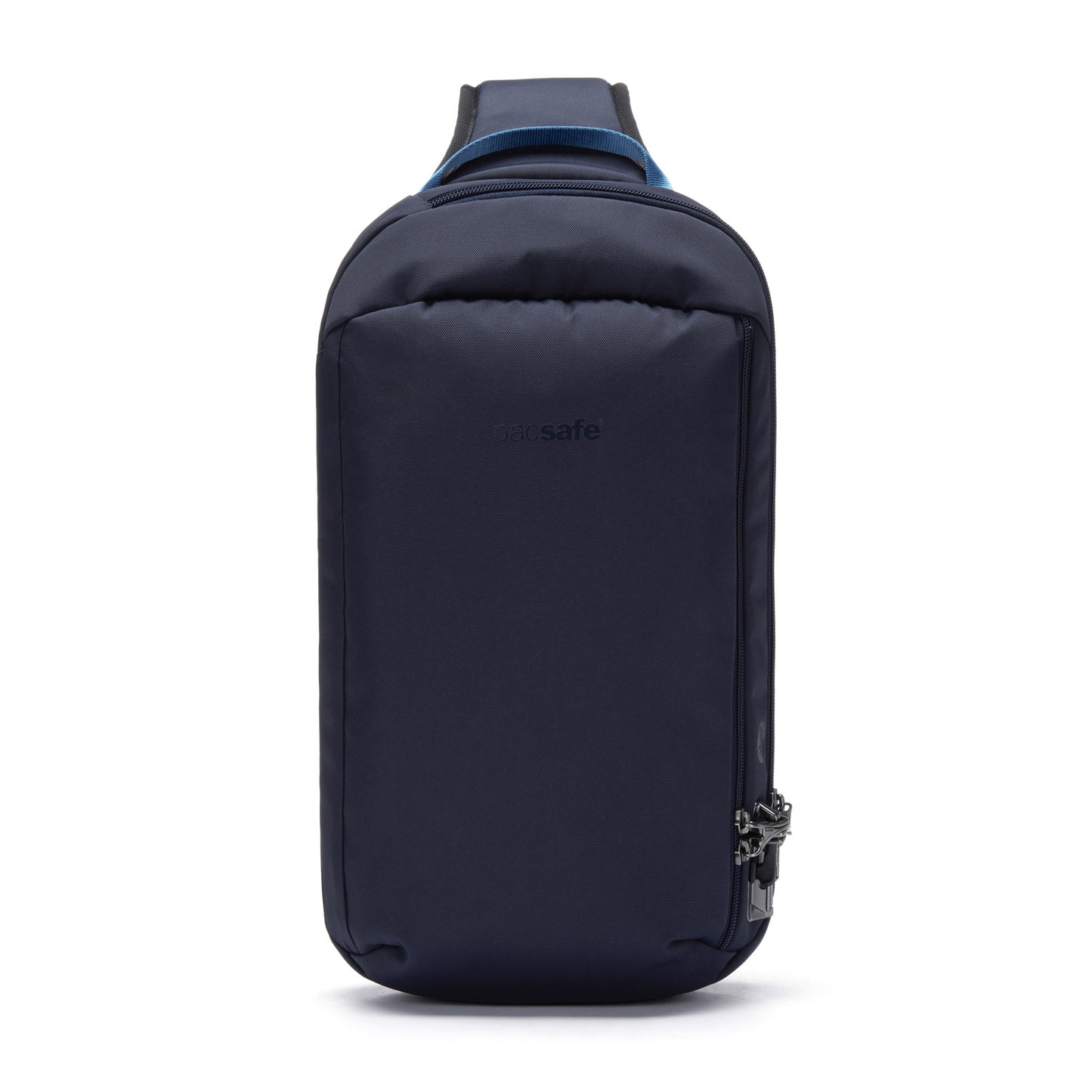 The Pacsafe® V Tech Anti-theft Sling Pack in ocean blue, is a backpack made from recycled polyester with a side lock and zip pocket.