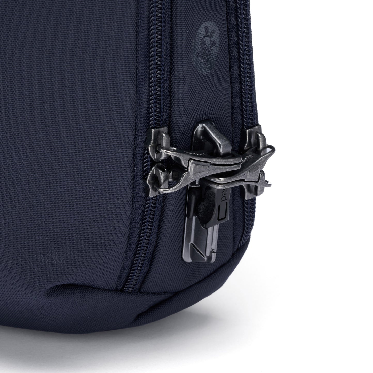 Close-up of the Pacsafe® V Tech Sling Pack in ocean blue, with lockable zipper pulls.