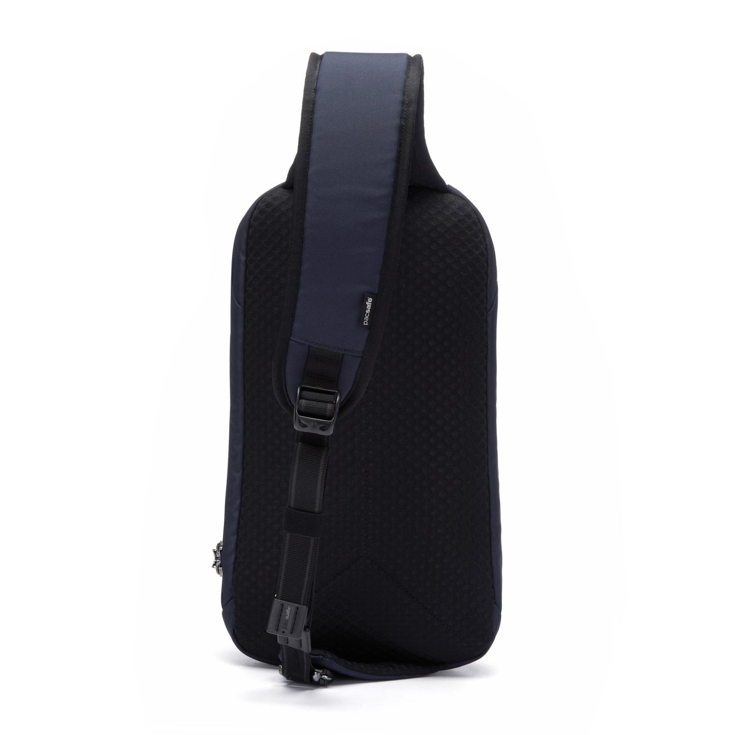 The Pacsafe® V Tech Anti-theft Sling Pack in ocean blue, back view, with a padded strap, buckle, and made from recycled polyester.