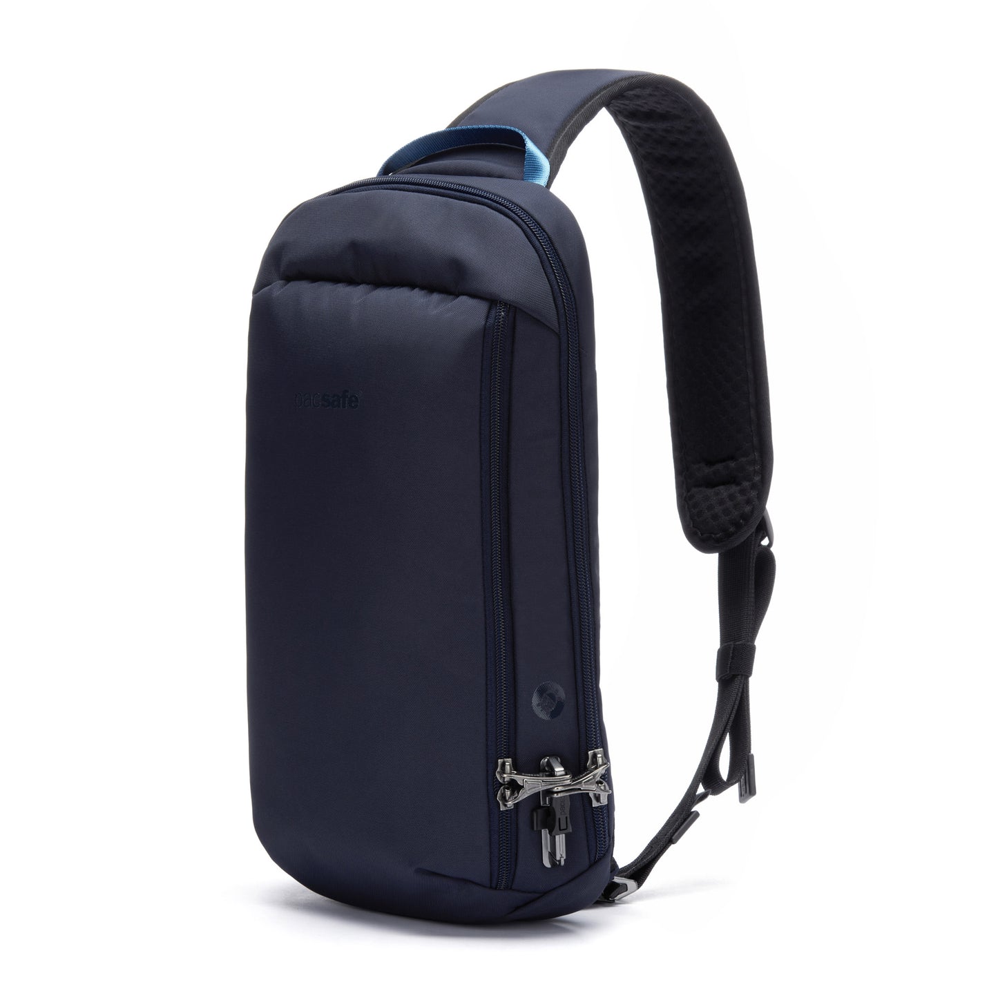 A Pacsafe® V Tech Anti-theft Sling Pack in ocean blue with padded strap stands upright on a white background.