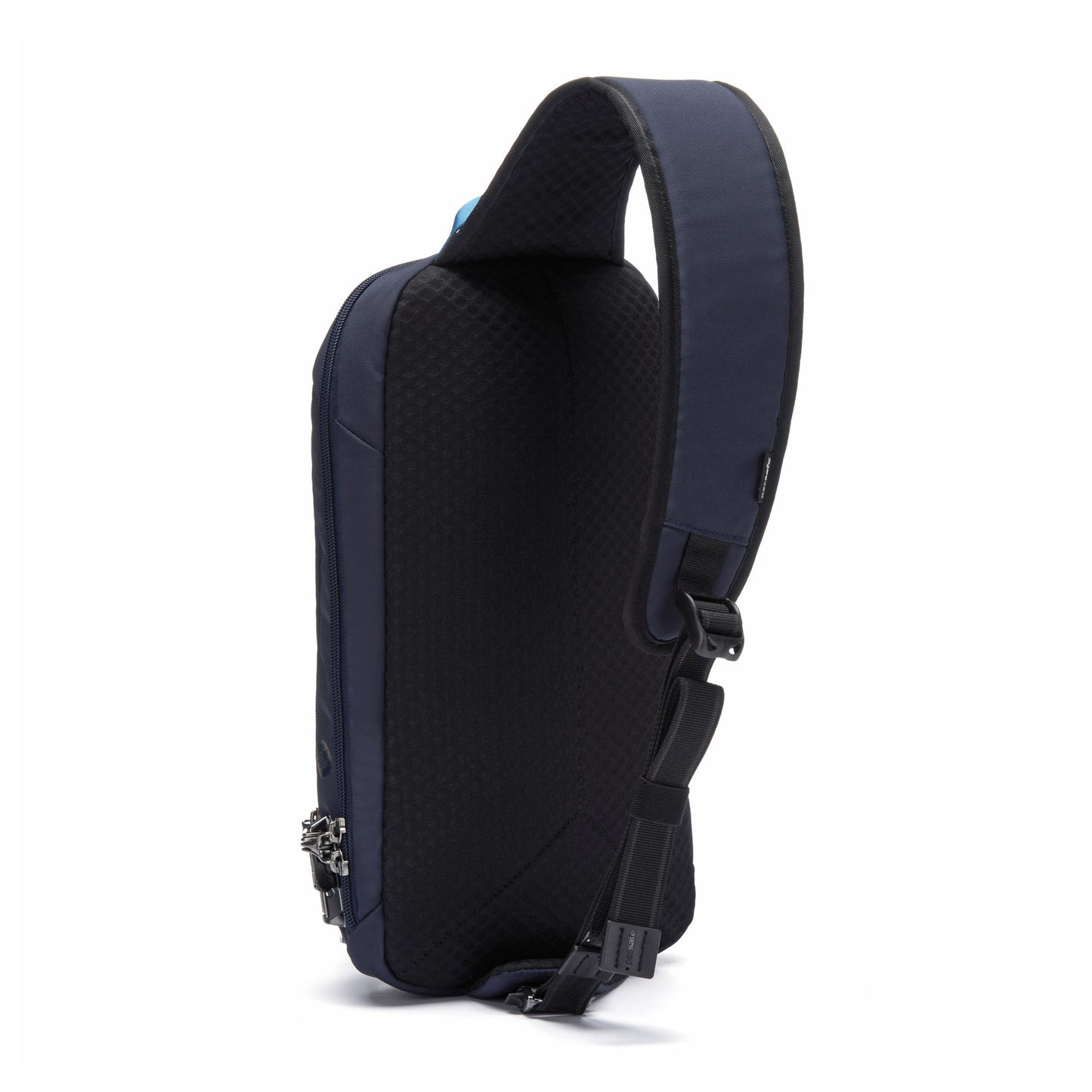 Side view of Pacsafe® V Tech Anti-theft Sling Pack in ocean blue, made from recycled polyester with padded strap and zippers.