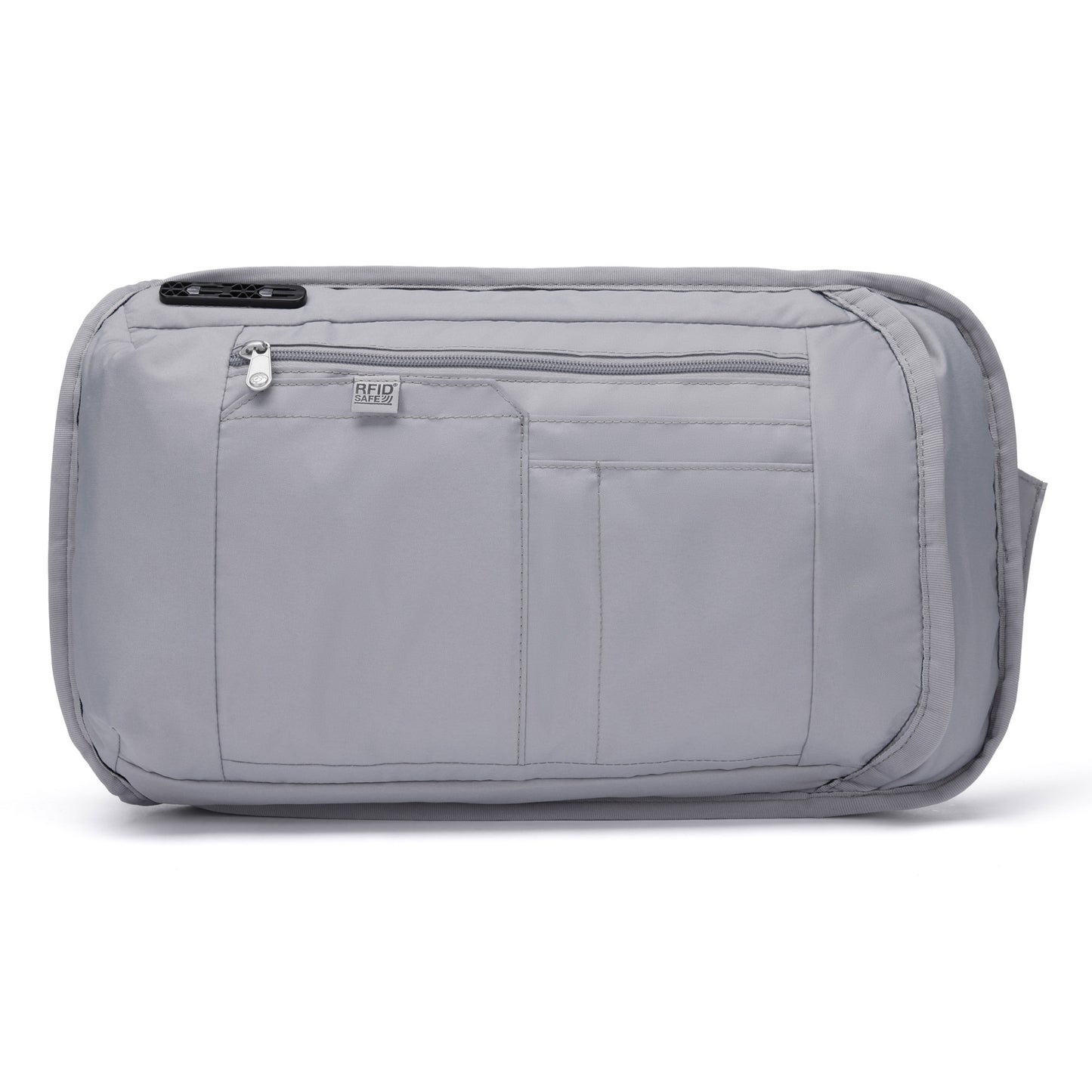 Inside view of Pacsafe® V Tech Anti-theft Sling Pack is grey with zipper pocket, RFID pocket and with multiple slip compartments.