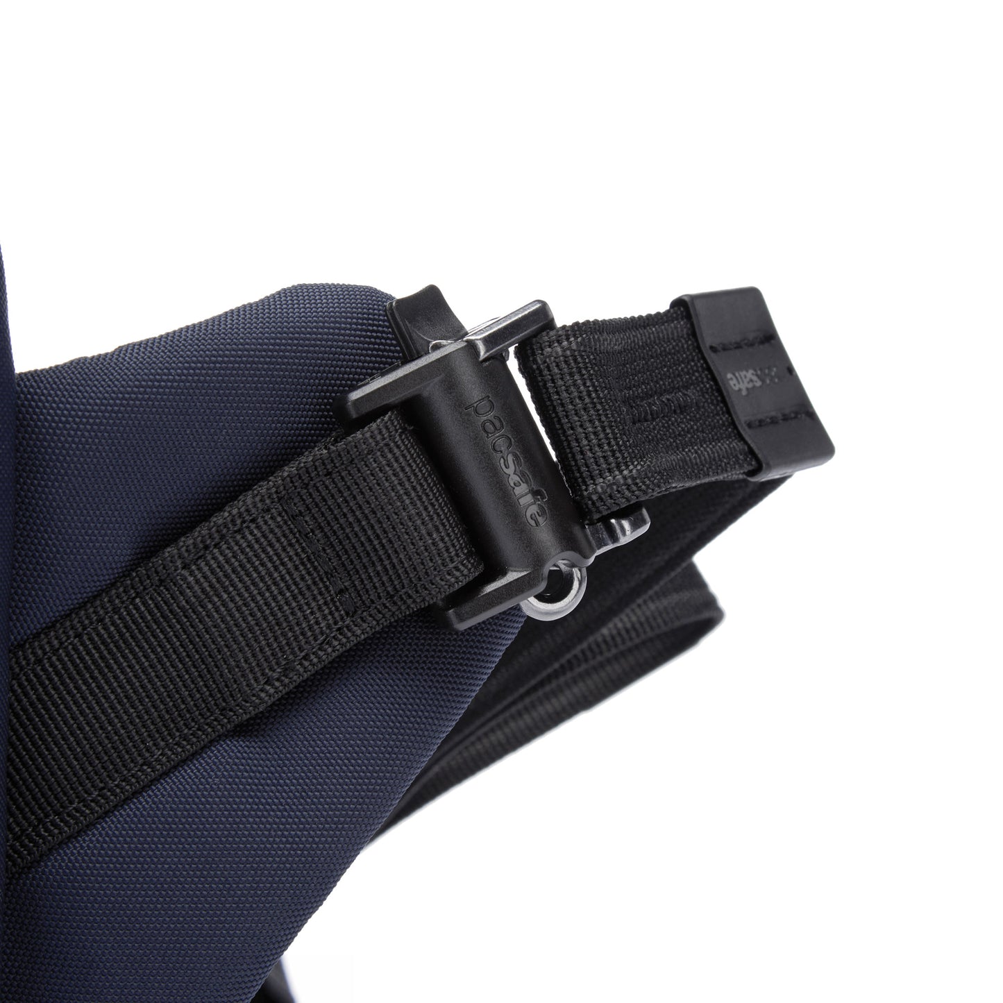 Close-up of Pacsafe® V Tech Sling Pack: black strap with buckle on ocean blue fabric, made from recycled polyester.