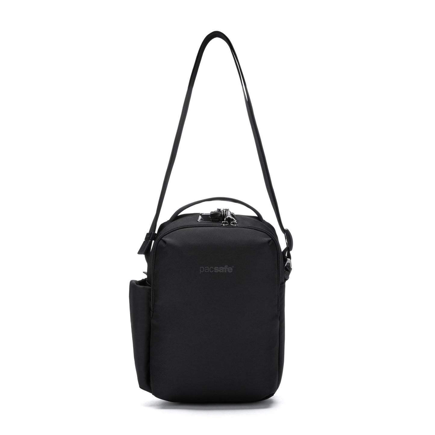 The Pacsafe® V Crossbody is black, anti-theft with a top handle, lockable compartments, made from recycled polyester.