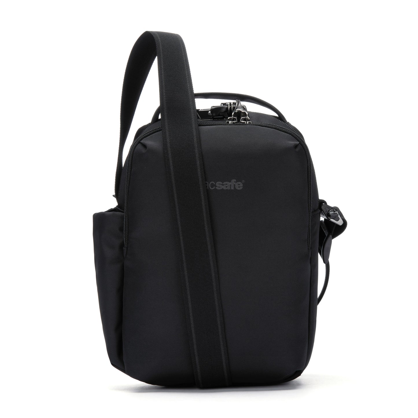 Pacsafe® V Anti-theft Tour Crossbody in recycled polyester with adjustable strap and lockable, zippered compartments.