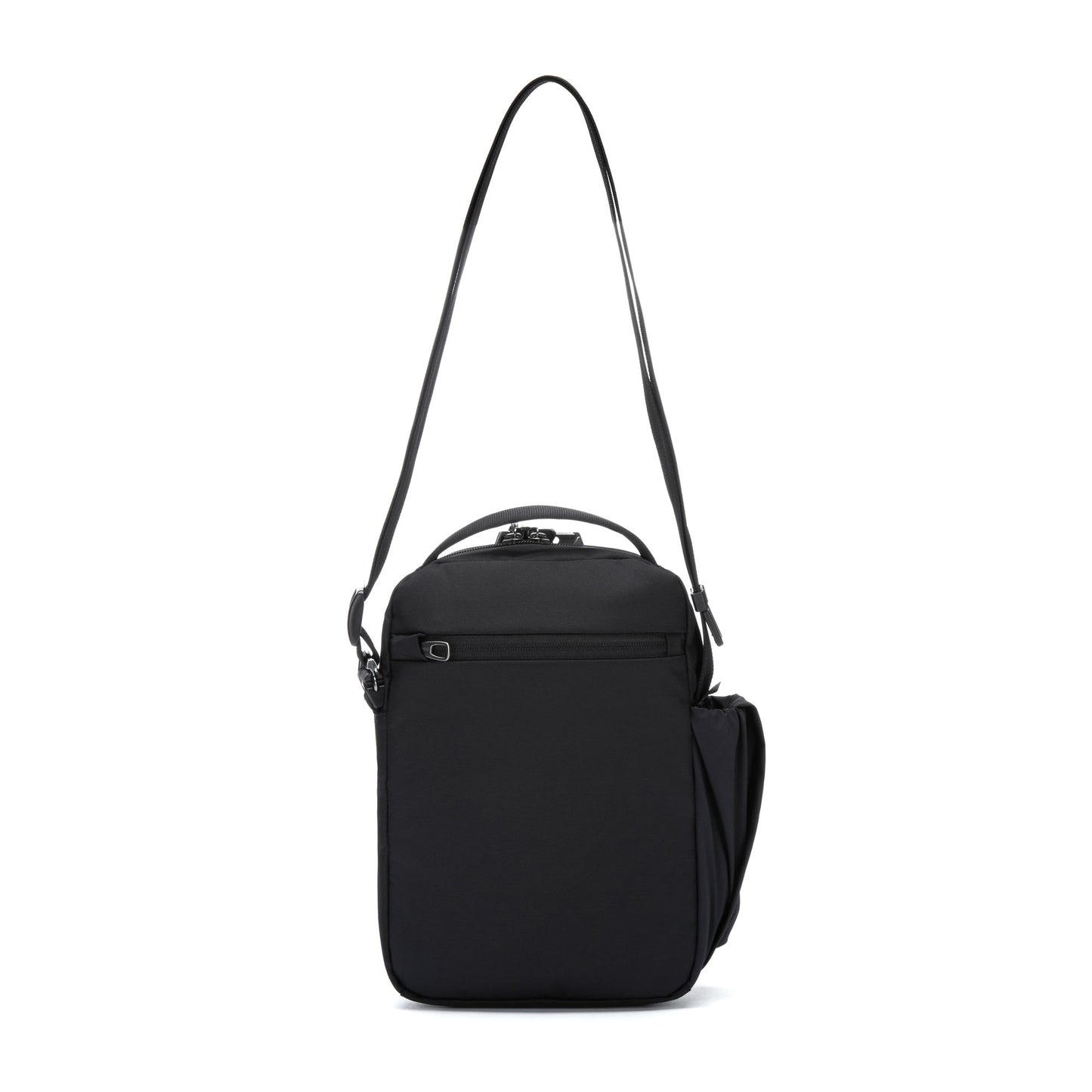 Pacsafe® V Anti-theft Tour Crossbody: black shoulder bag with adjustable strap, front zip pocket, and lockable compartments.