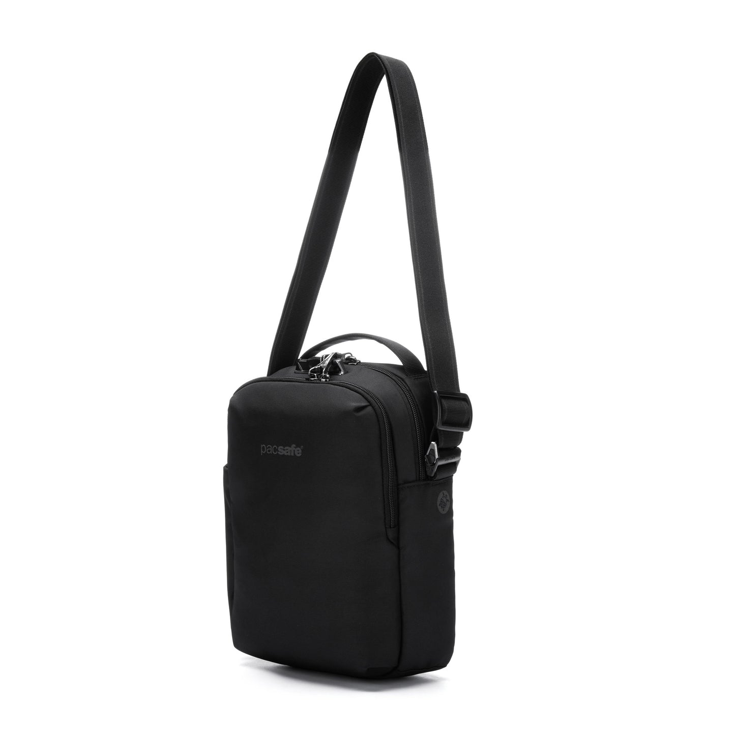The Pacsafe® V Anti-theft Tour Crossbody by Pacsafe: black, rectangular recycled polyester with a strap and lock.