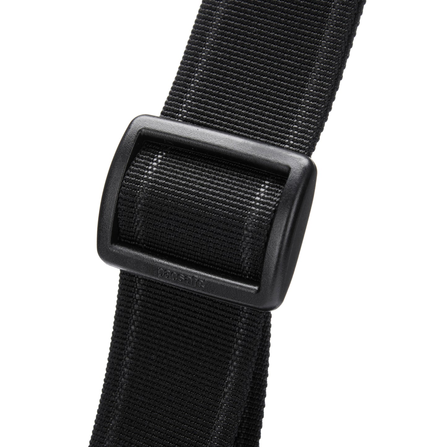 Close-up of a Pacsafe® V Anti-theft Crossbody strap with a rectangular plastic buckle, on white.