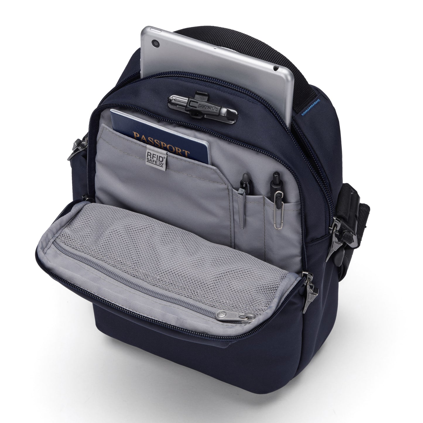 Pacsafe® V Anti-theft Tour Crossbody has a front pocket for tablet, passport, and pens made from recycled polyester.