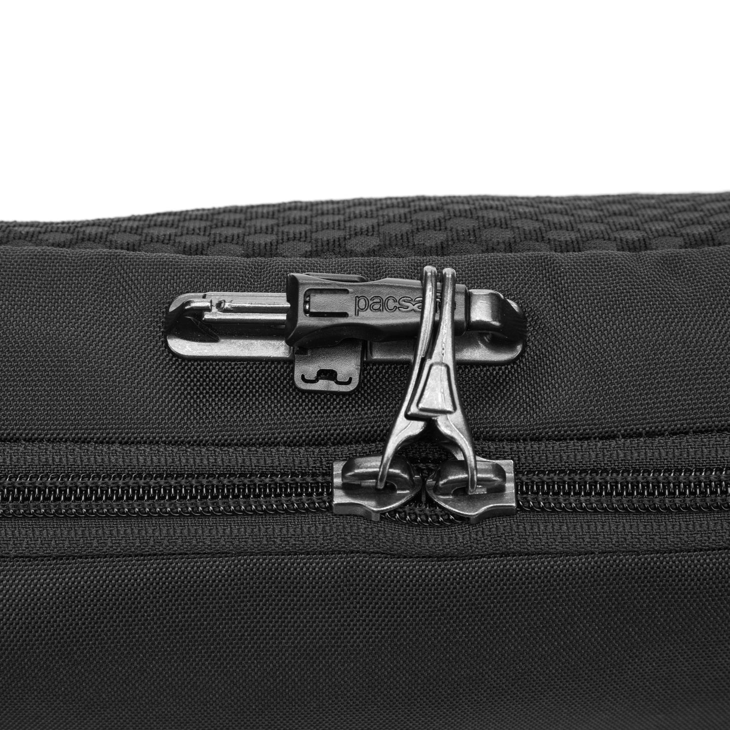 Close-up of Pacsafe® V Anti-theft Urban Sling, black with a metal padlock and anti-theft zipper features.