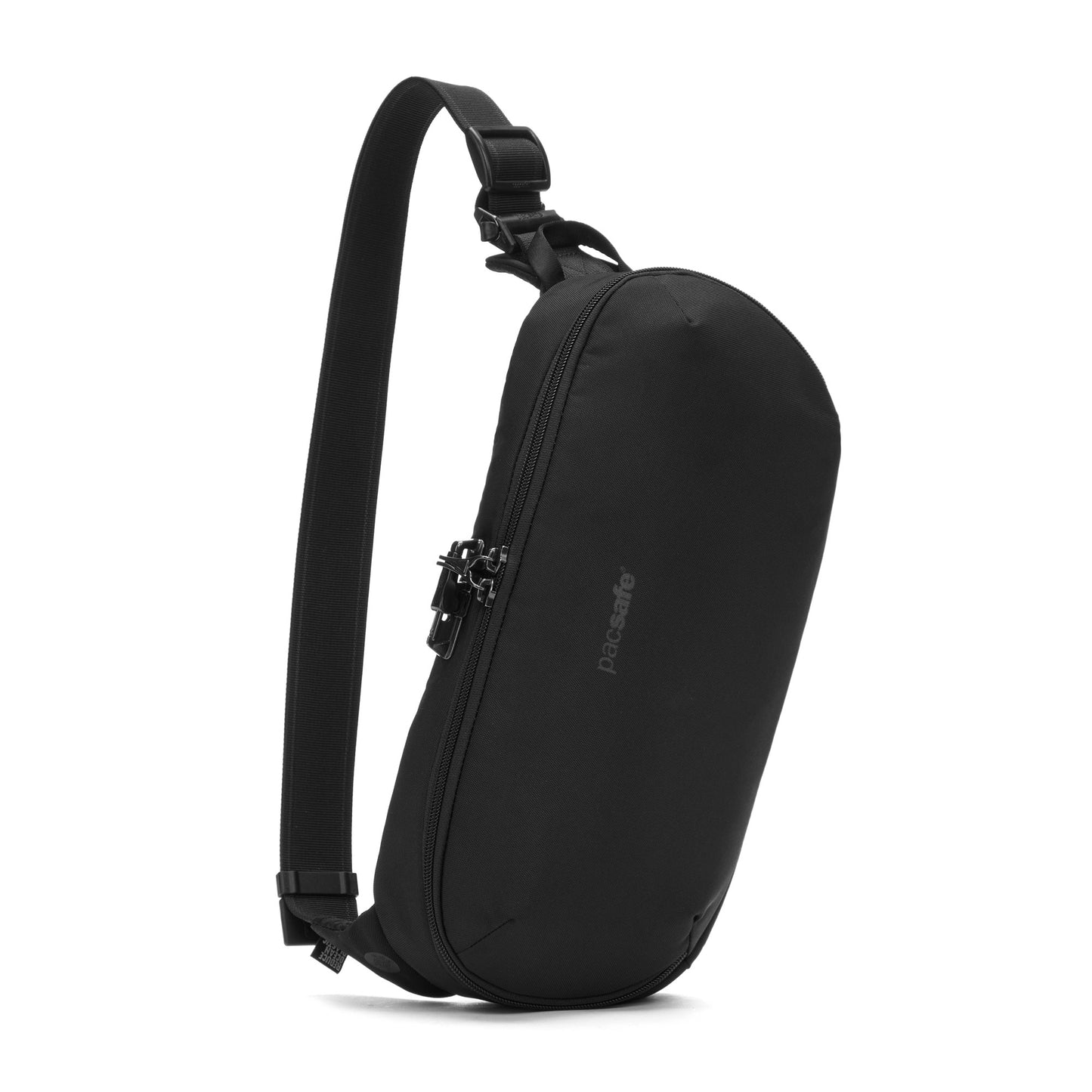 Pacsafe® V Anti-theft Urban Sling by Pacsafe: black, crossbody strap, lockable zipper, recycled materials.