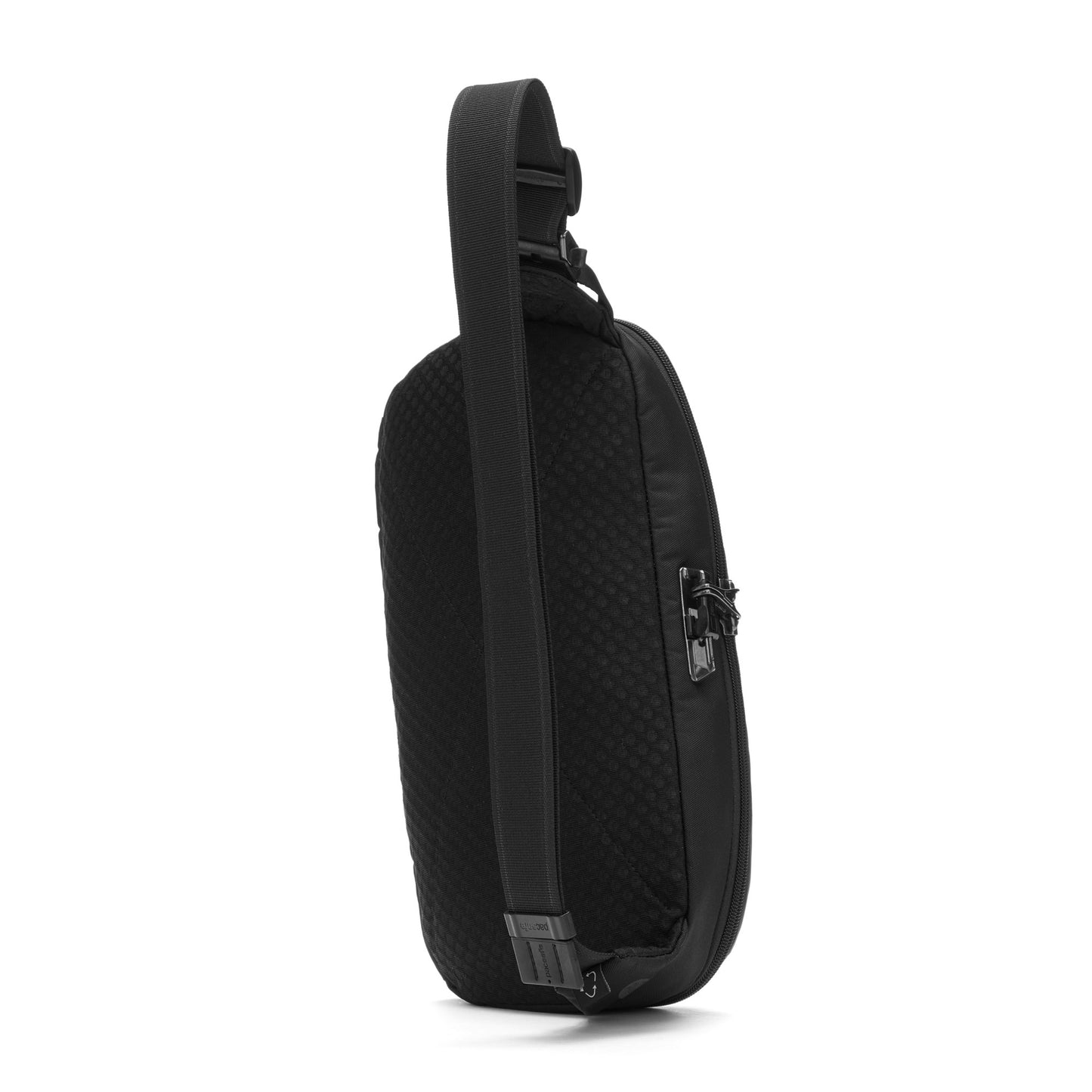 Pacsafe® V Anti-theft Urban Sling: Black quilted recycled material with adjustable strap on white background.