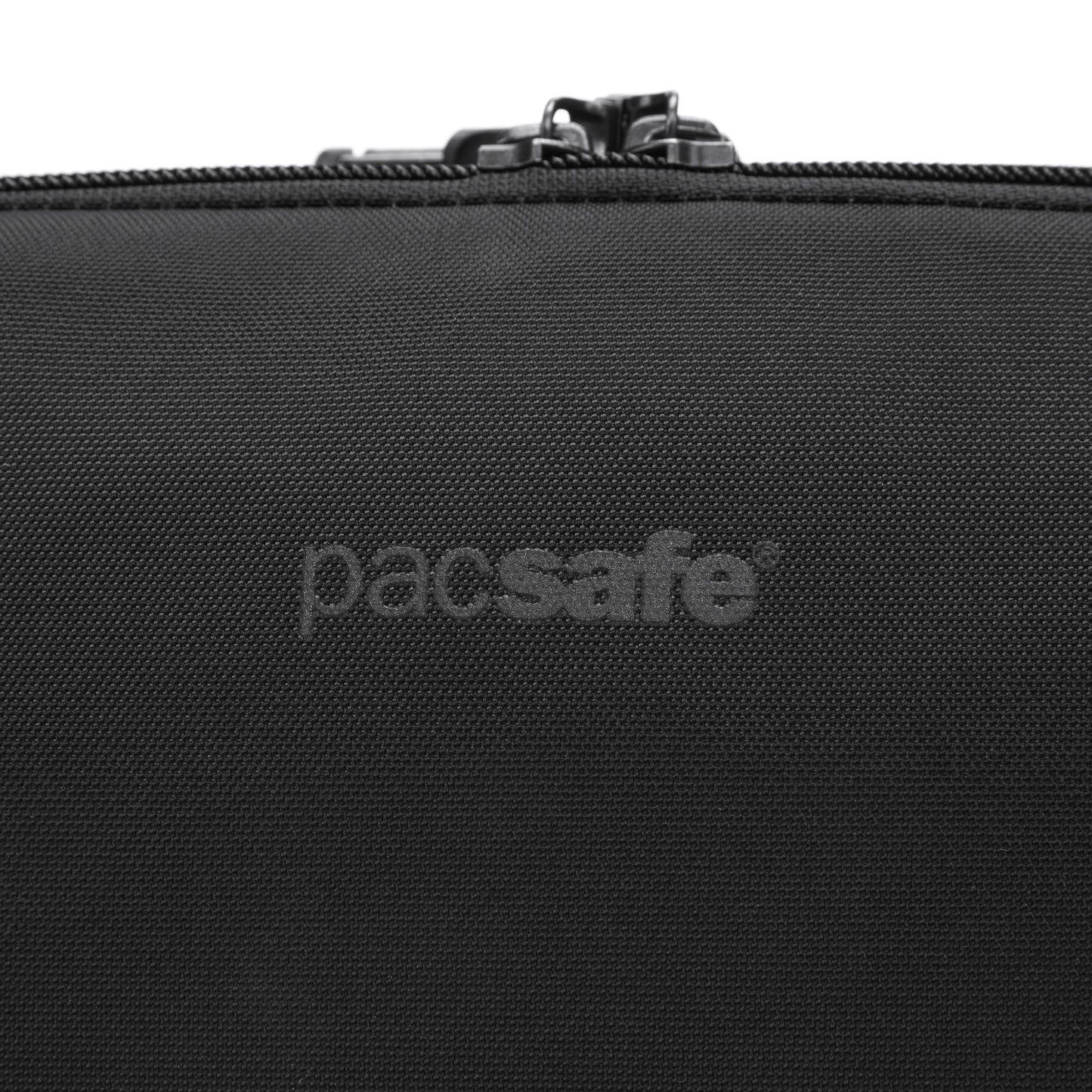 The Pacsafe® V Anti-theft Urban Sling, sleek black with a logo, offers anti-theft features and a top zipper.