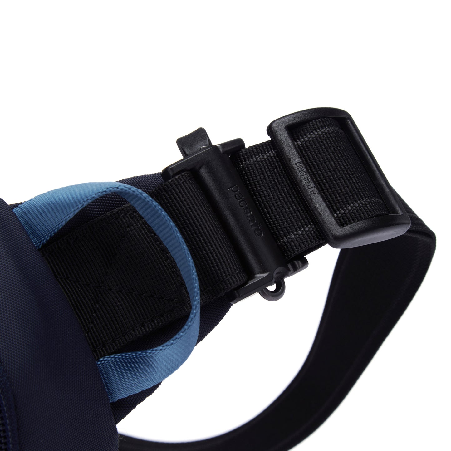 Close-up of the black buckle on a Pacsafe® V Anti-theft Urban Sling, made from recycled materials.