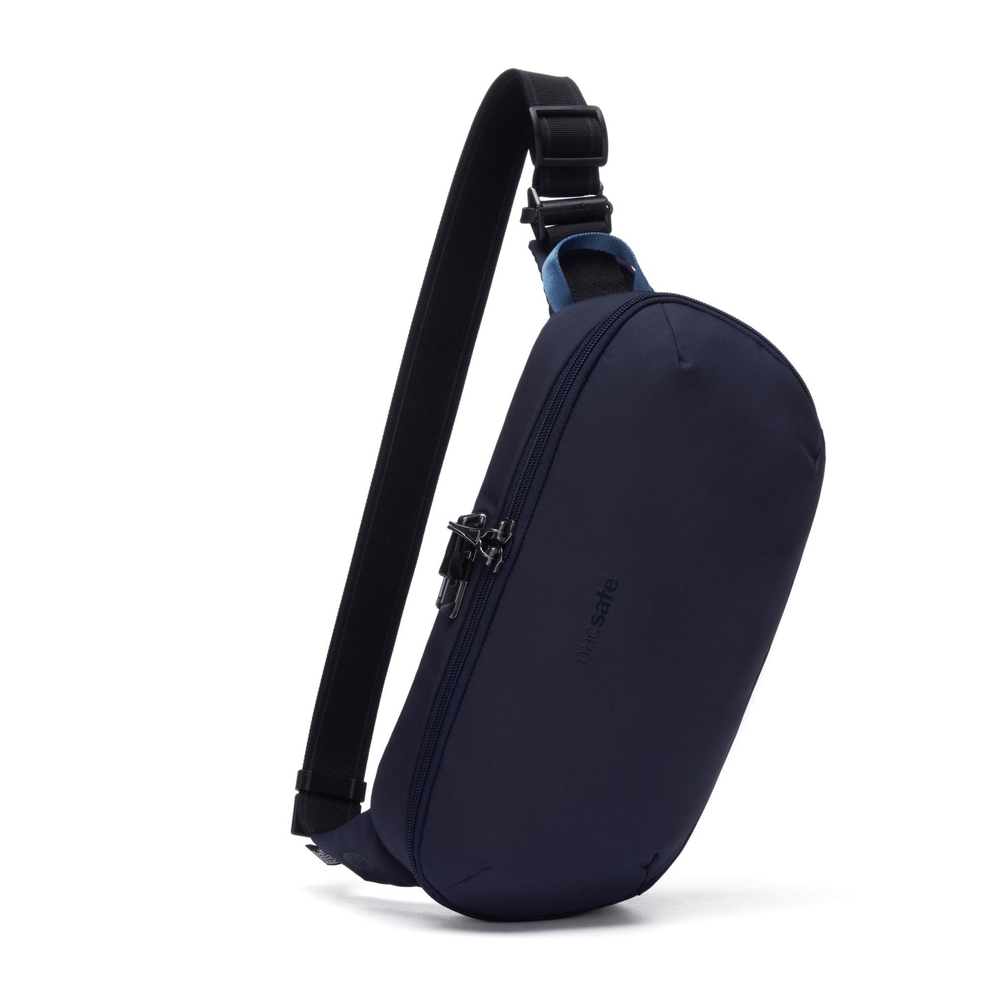 Pacsafe® V Anti-theft Urban Sling: ocean with black strap, two zippers, made from recycled materials.