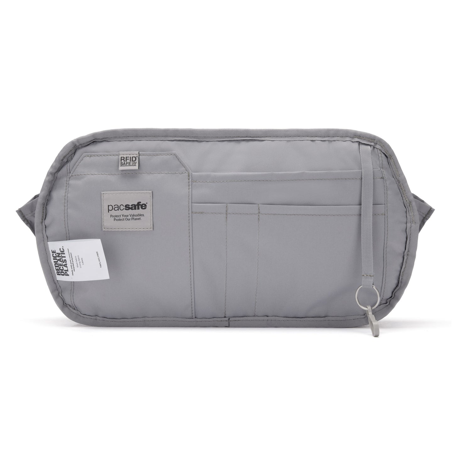 Inside view of Pacsafe® V Anti-theft Urban Sling: grey with multiple compartments, RFID pocket, and key clip.