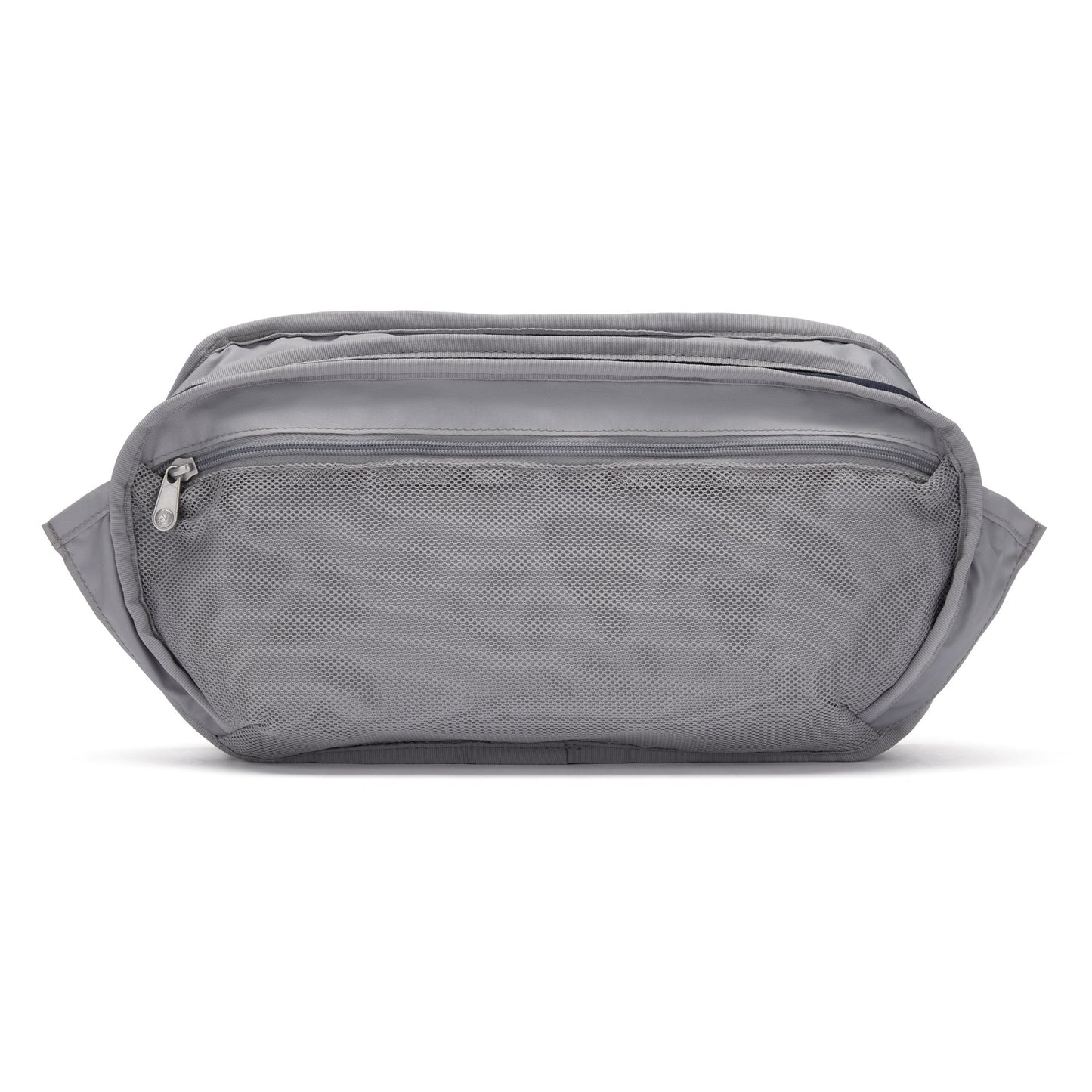 Inside view of Pacsafe® V Anti-theft Urban Sling: grey, anti-theft zip pocket, stylish mesh detail by Pacsafe.