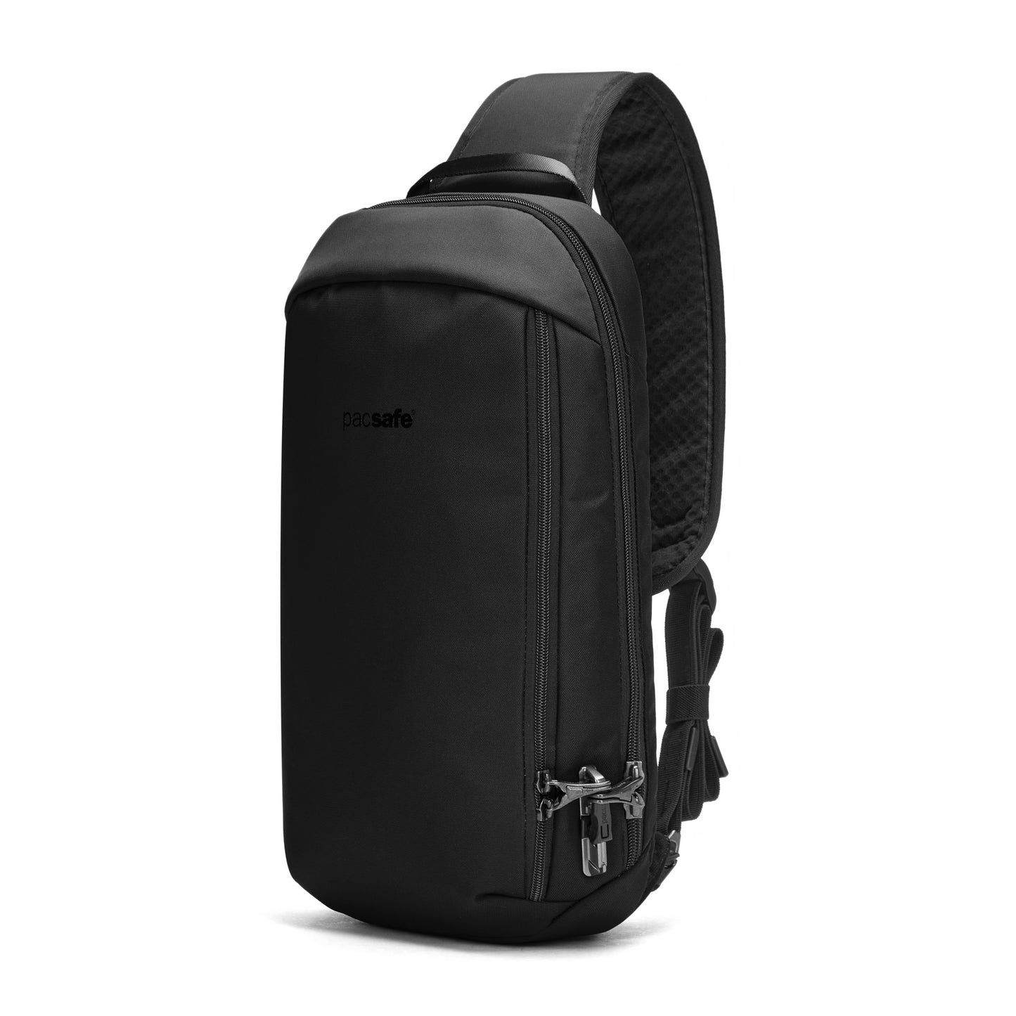 Pacsafe® V Tech Anti-theft Sling Pack: Black, recycled polyester with padded strap and secure zipper closure.