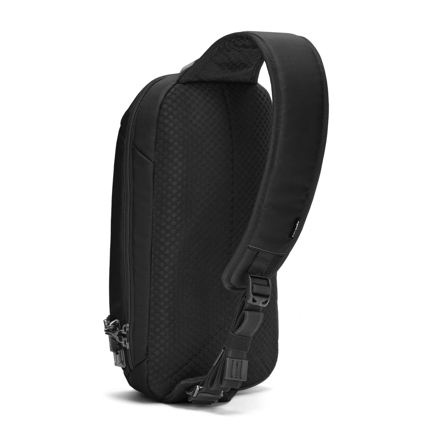 Black Pacsafe® V Tech Anti-theft Sling Pack in recycled polyester with padded strap, on a white background.