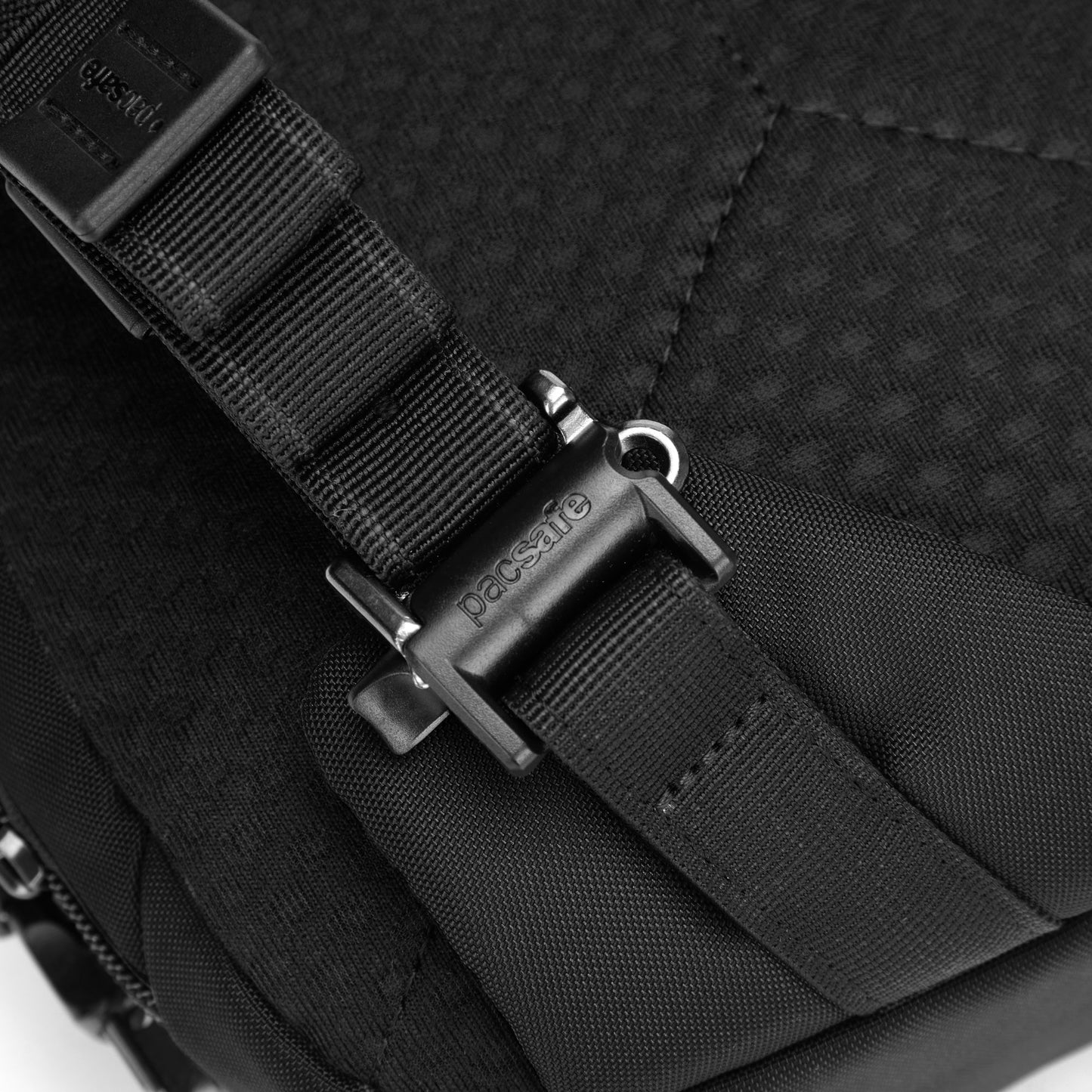 Close-up of the Pacsafe V Tech Anti-theft Sling Pack in black with a textured recycled polyester strap.