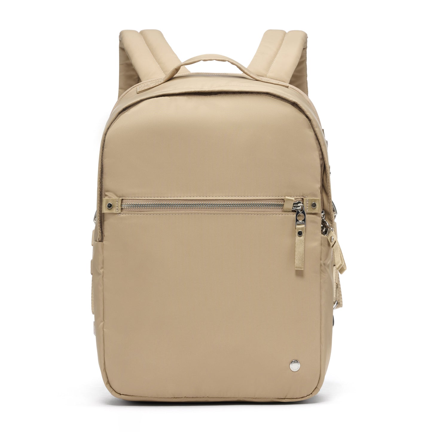 Pacsafe® W 10L Anti-theft Backpack: Taupe with RFID-blocking, front zippered pocket, and padded straps on white backdrop.
