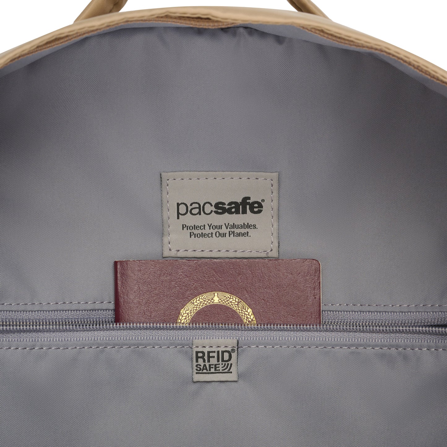 Close up of interior RFID pocket with passport peeking out