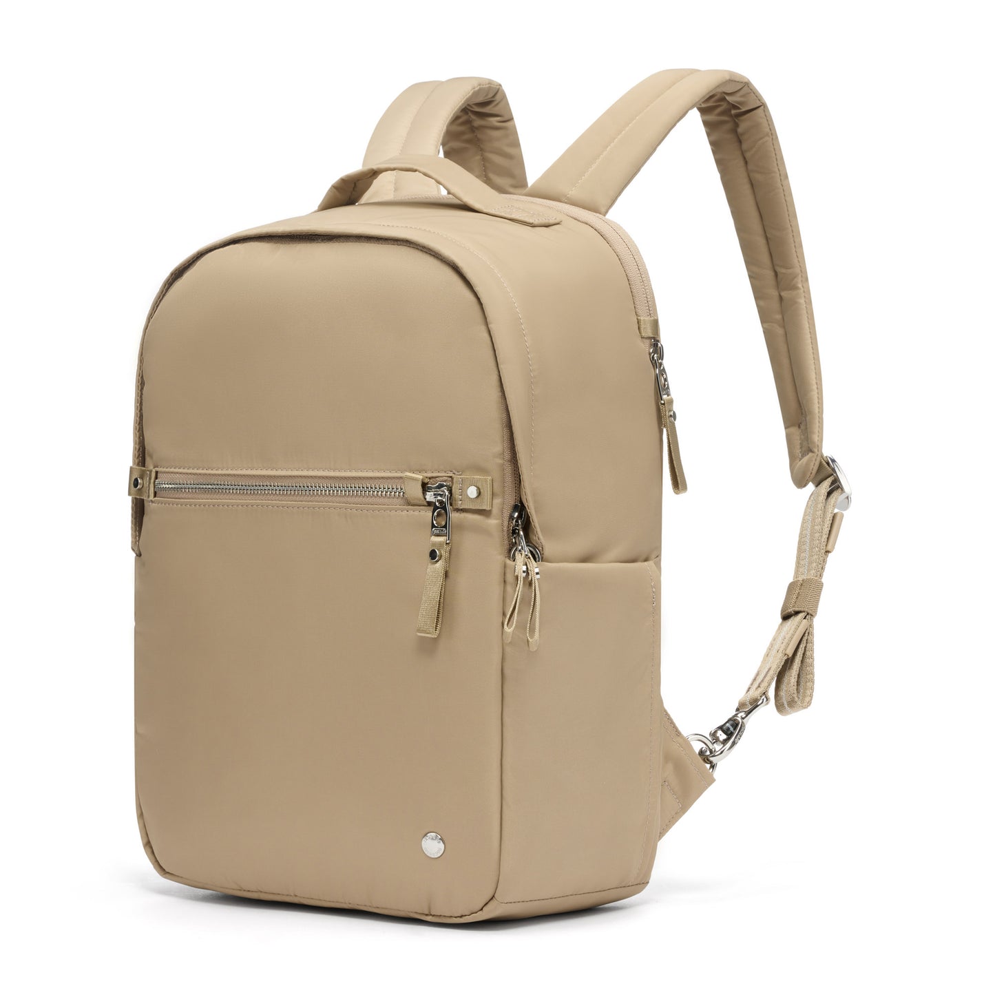 Pacsafe® W 10L Anti-theft Backpack: RFID block, taupe, zip and side pockets, padded straps.